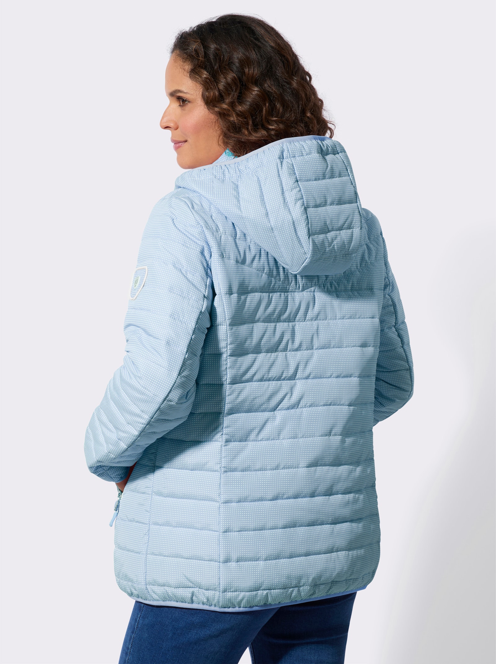 Gewatteerde jas met afneembare capuchon - ijsblauw/wit bedrukt