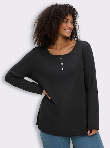 sheego Langarmshirt in Ajour-Qualität, mit Zierknöpfen - schwarz
