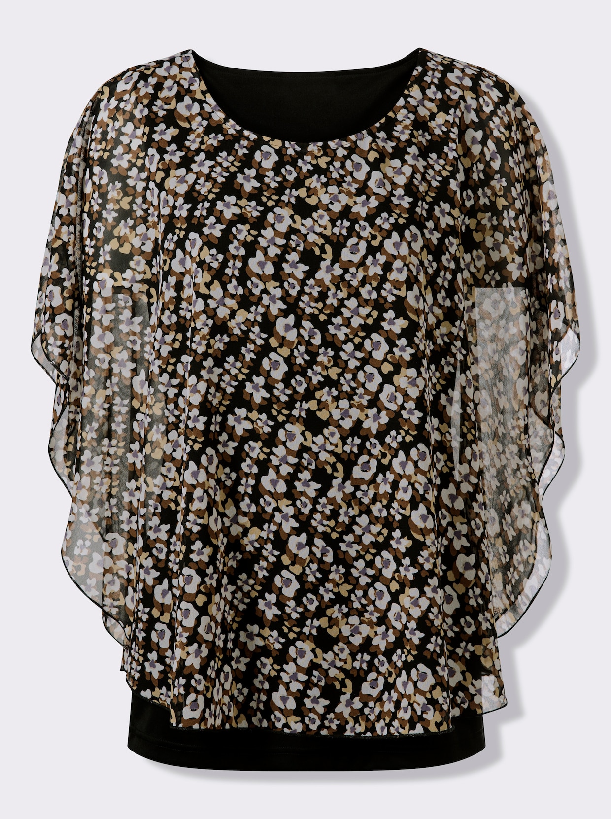 Schlupfbluse im Lagenlook - schwarz-braun-bedruckt