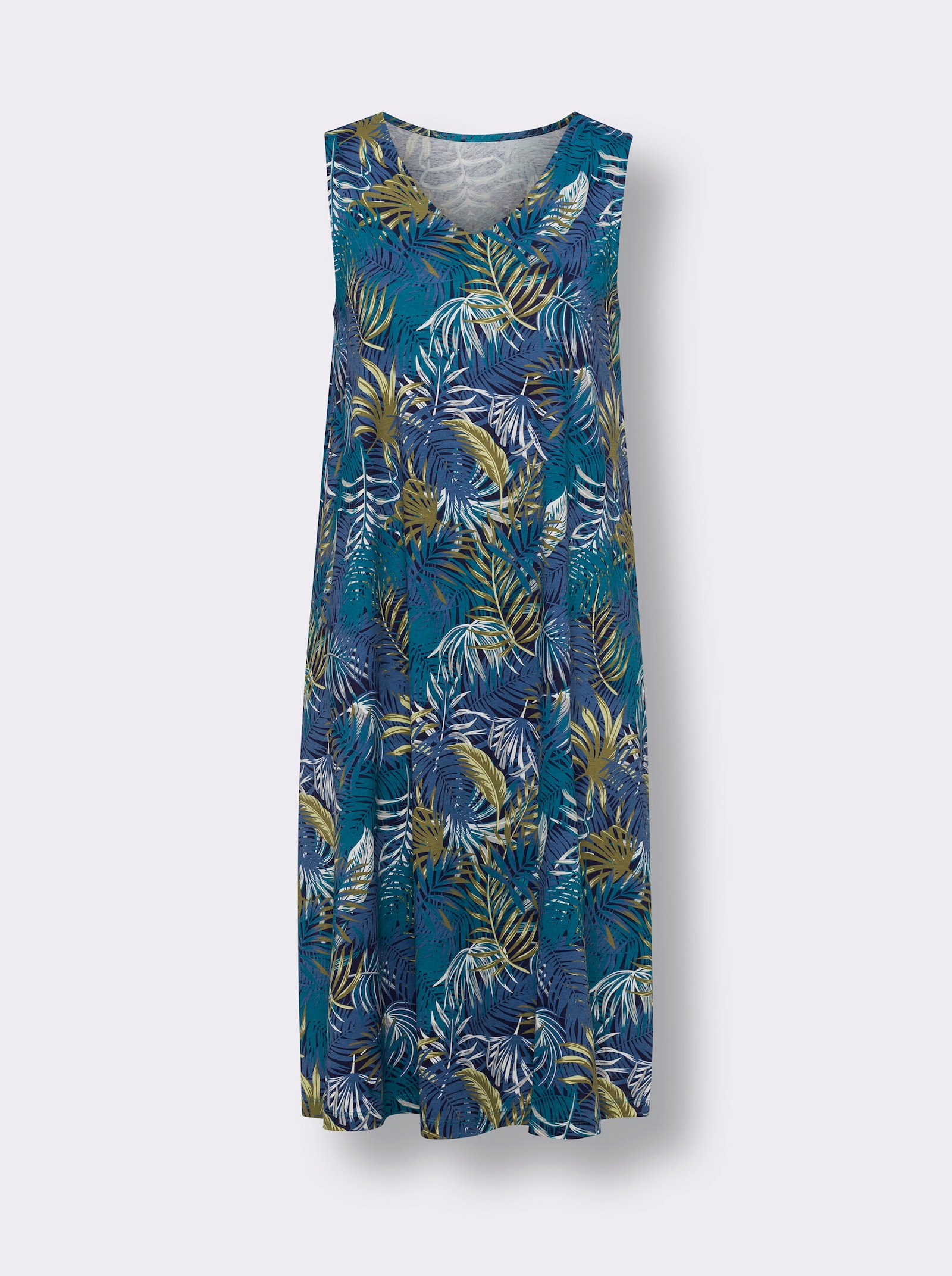 Sommerkleid mit einem langen Seitenschlitz - jeansblau-aquapetrol-bedruckt