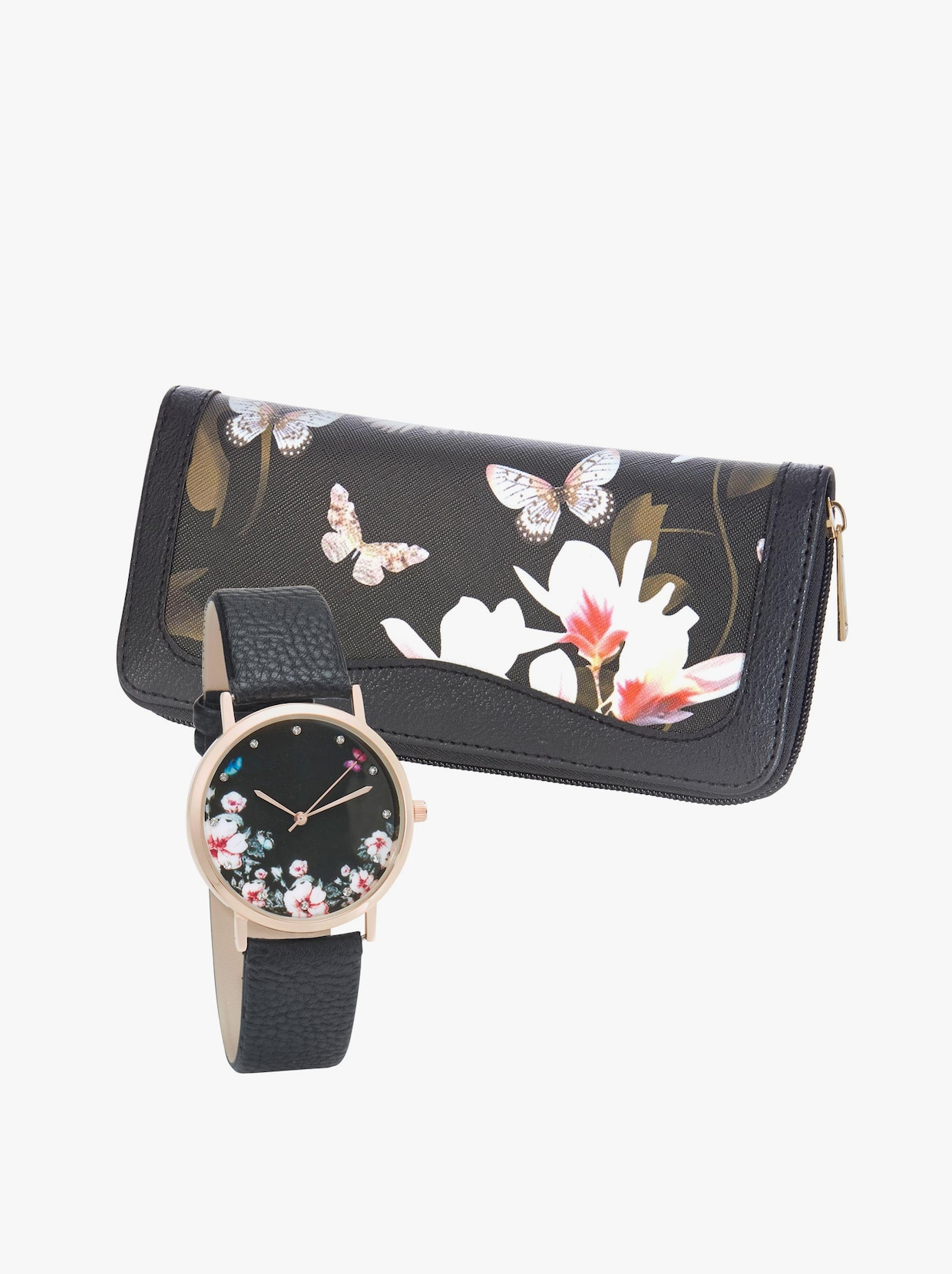 Plånbok + klocka - svart-blommig