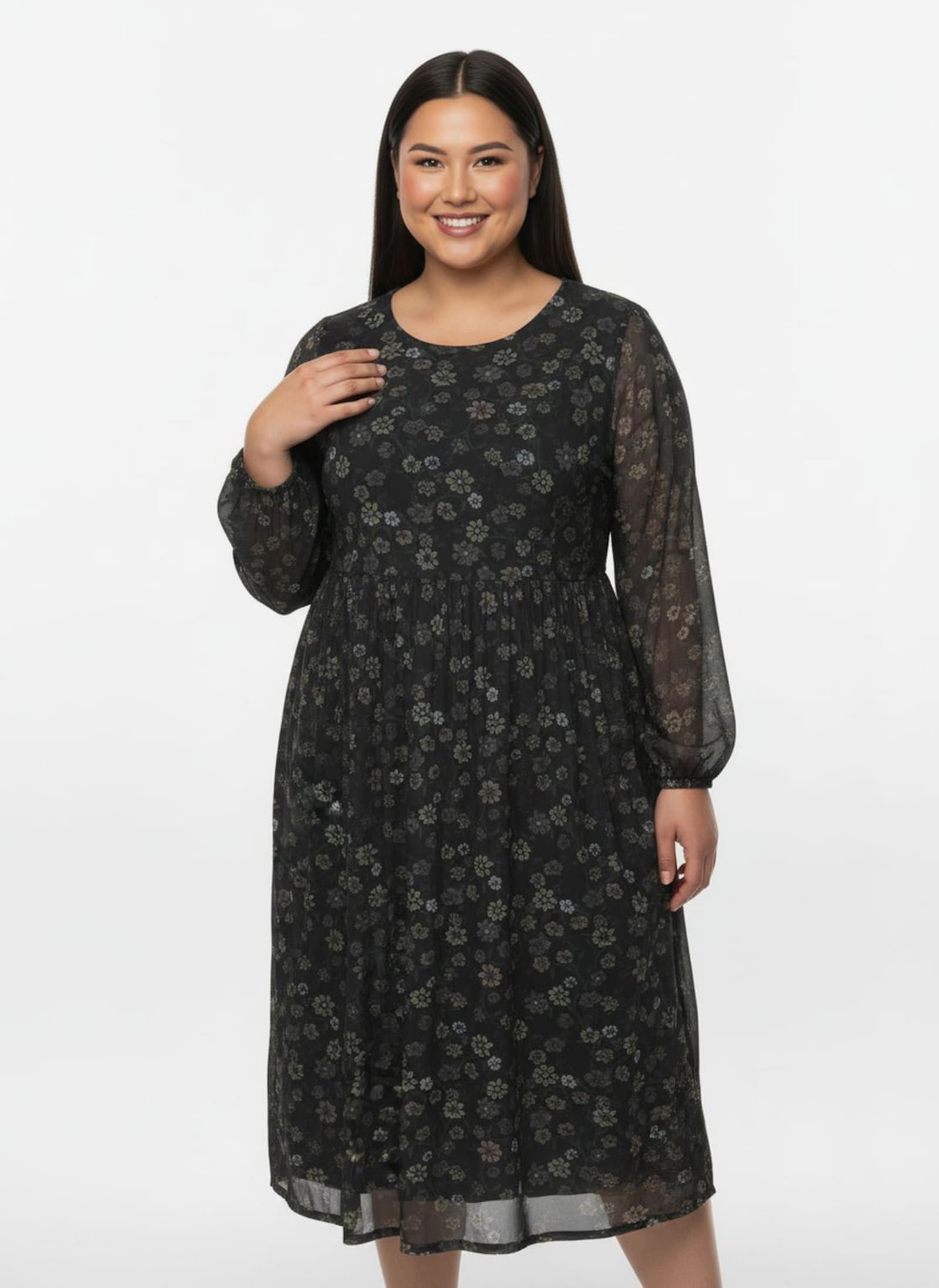 Blumenkleid in floral bedruckter Mesh-Qualität - schwarz-bedruckt