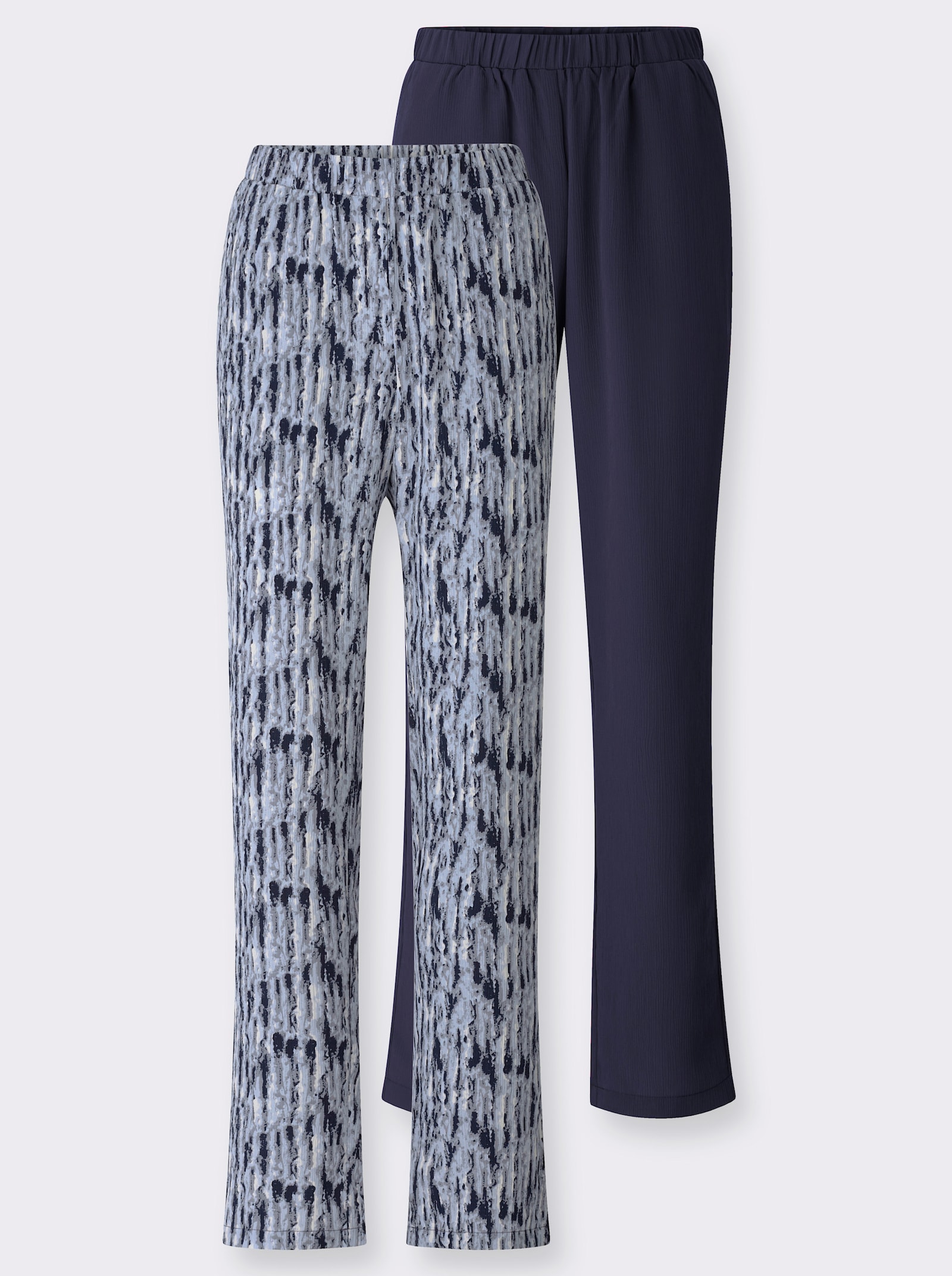 Comfortbroek met wijde pijpen - marine + duifblauw/ecru bedrukt