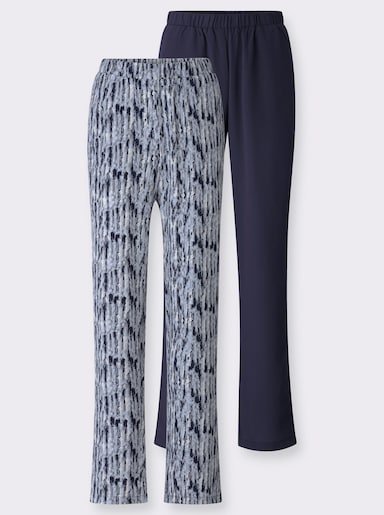 Comfortbroek met wijde pijpen - marine + duifblauw/ecru bedrukt