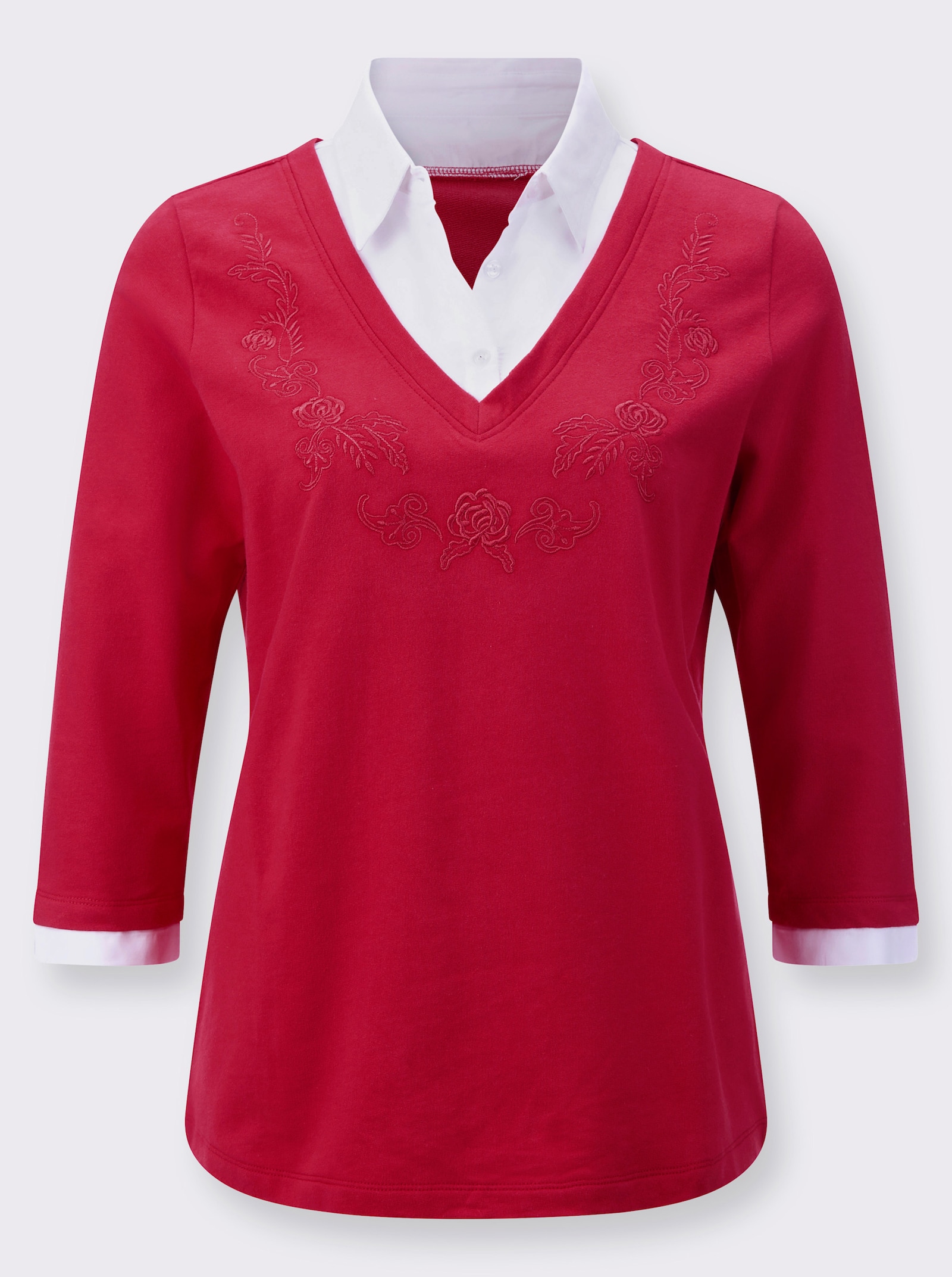 2-in-1-Langarmshirt mit Blumenstickerei am V-Ausschnitt - erdbeere