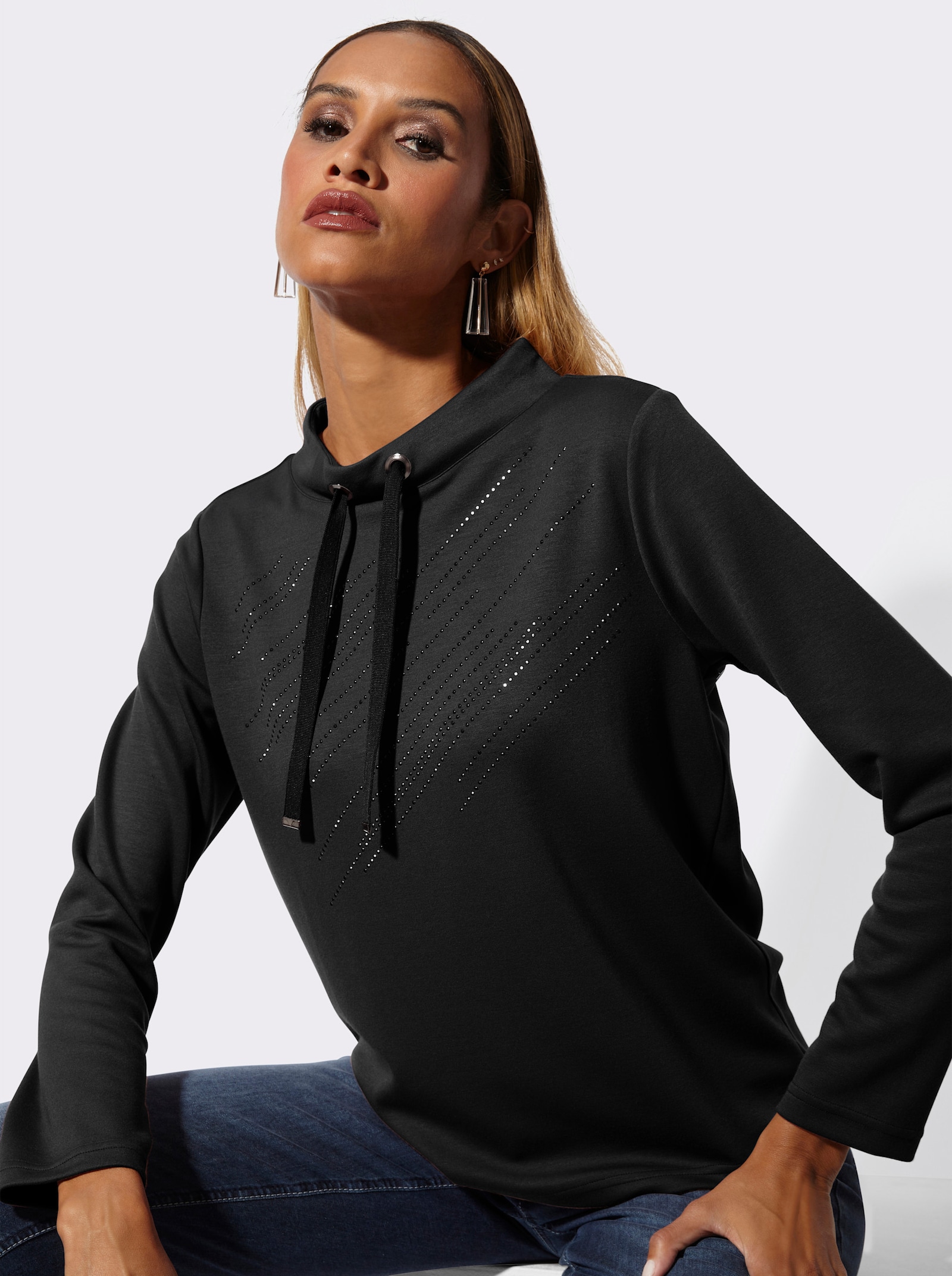 Sweatshirt mit Glitzersteinchen-Verzierung - schwarz