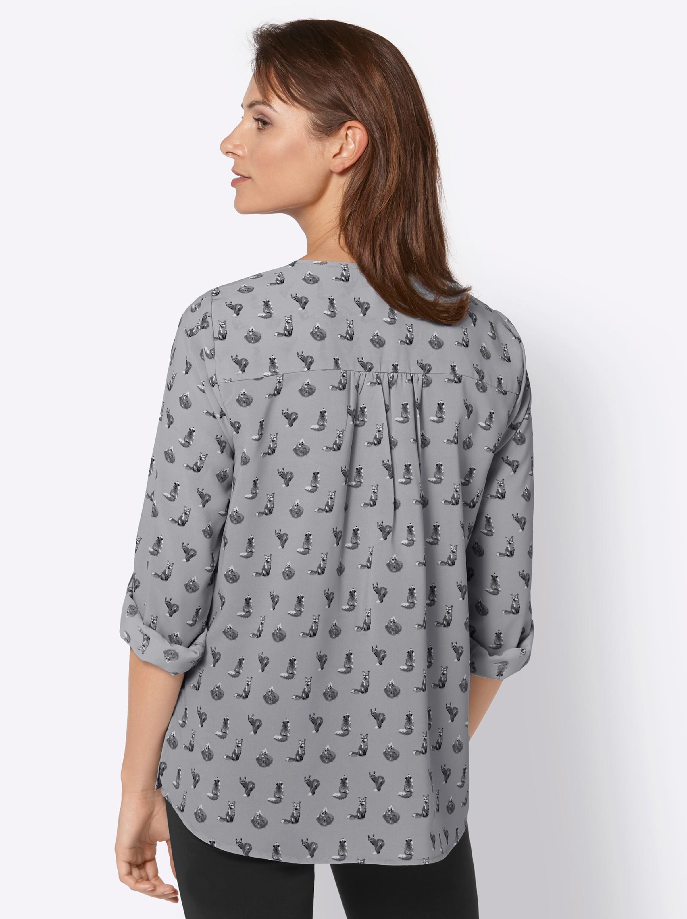 Damenmode Blusen Langarmbluse in steingrau-schwarz-bedruckt Damenmode Blusen Langarmbluse in steingrau-schwarz-bedruckt