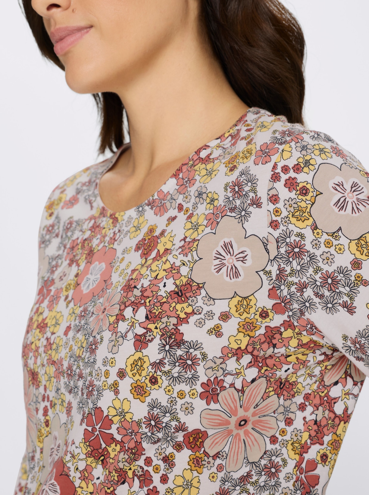 3/4-Arm-Shirt mit Blütendessin - ecru-papaya-bedruckt