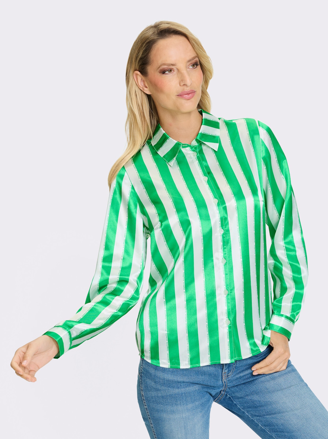 heine Hemdbluse - grasgrün-ecru-gestreift