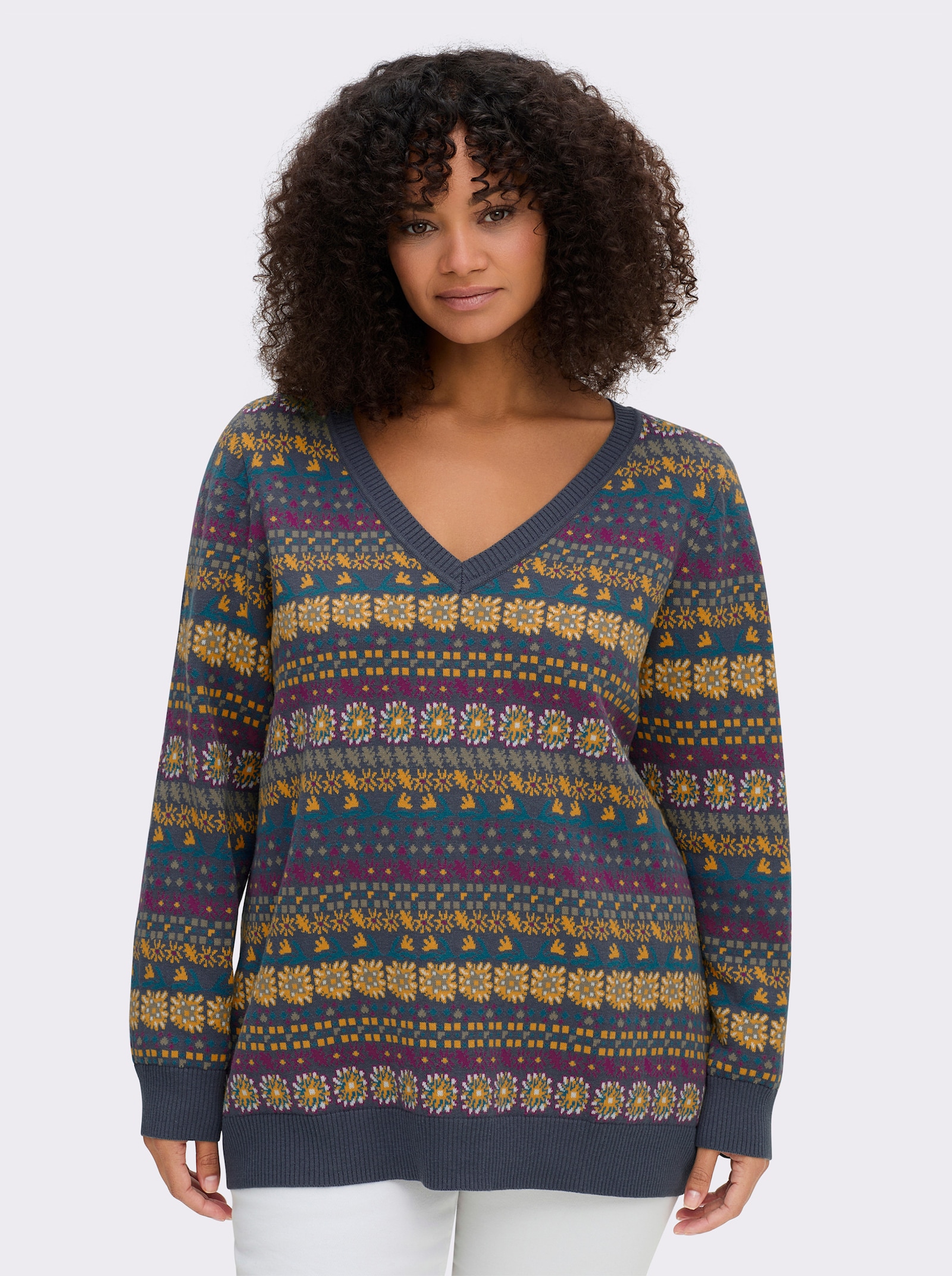 sheego Pullover im Jacquard-Muster - rauchblau-gemustert
