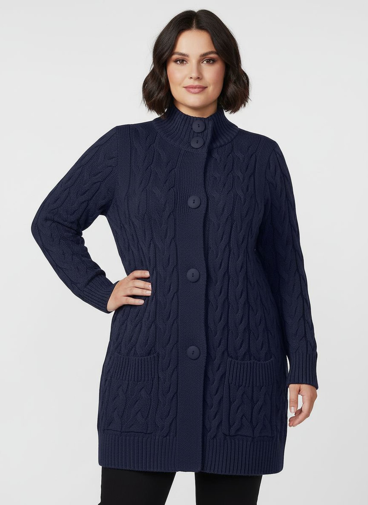 Longstrickjacke mit Zopfmuster - marine