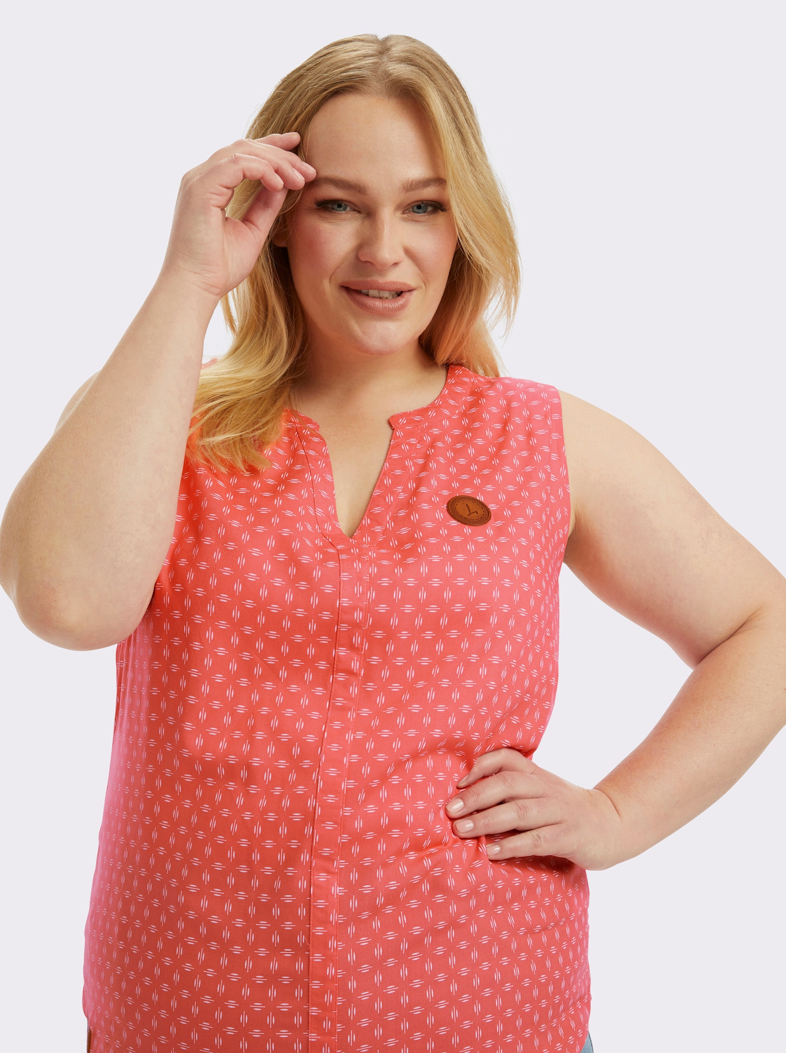 Blusentop mit Blende im Vorderteil - koralle-weiß-bedruckt