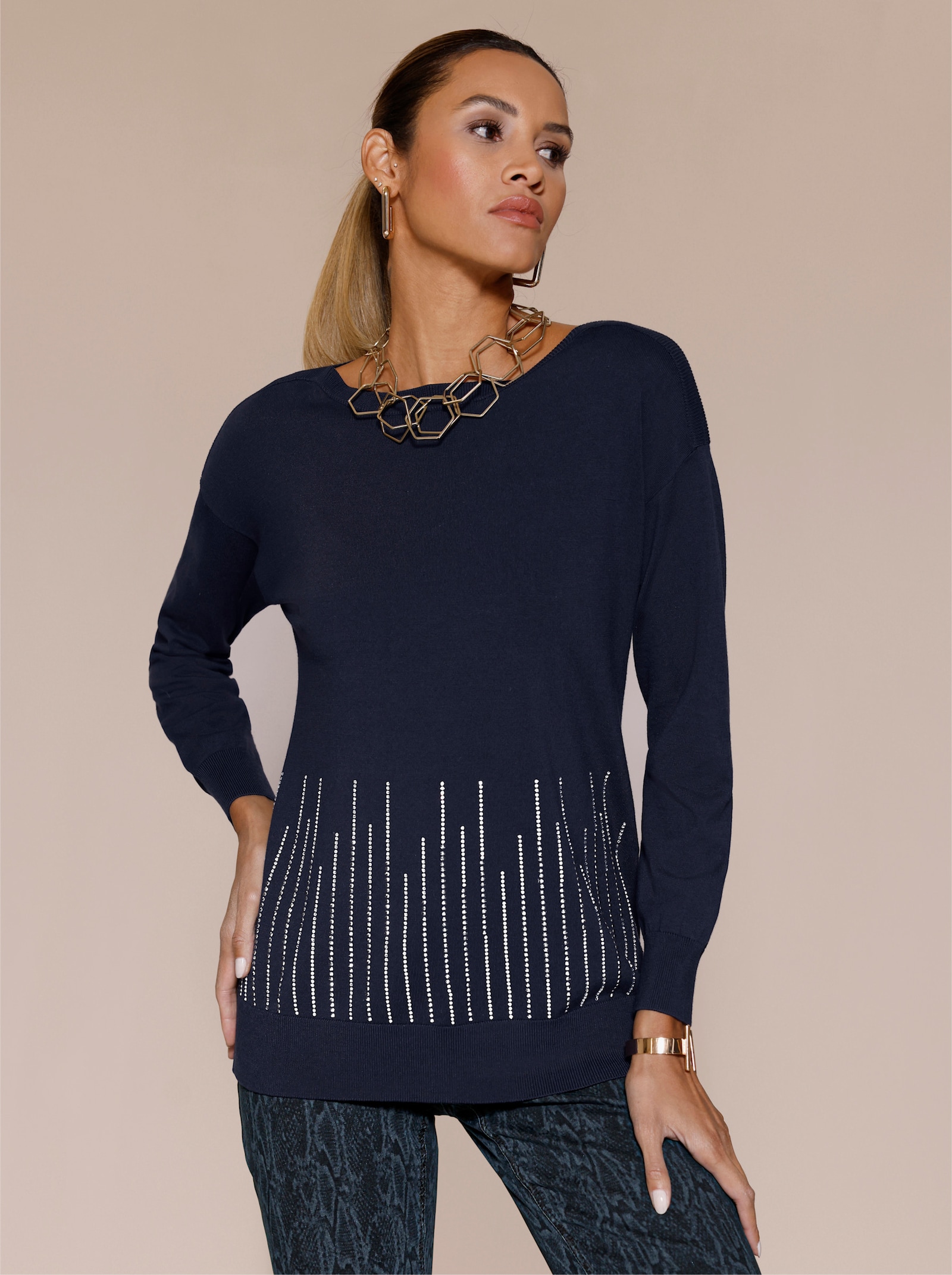 Langarm-Pullover mit U-Boot-Ausschnitt - marine