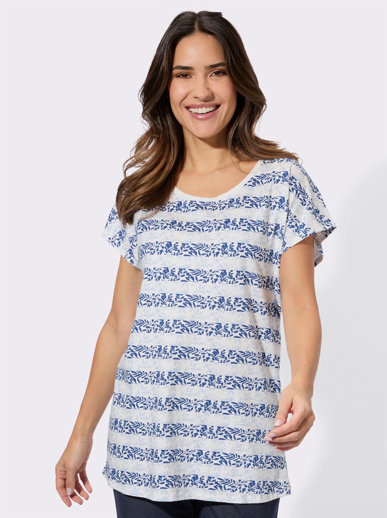 Kurzarmshirt mit floralem Streifendruck - ecru-royalblau-bedruckt