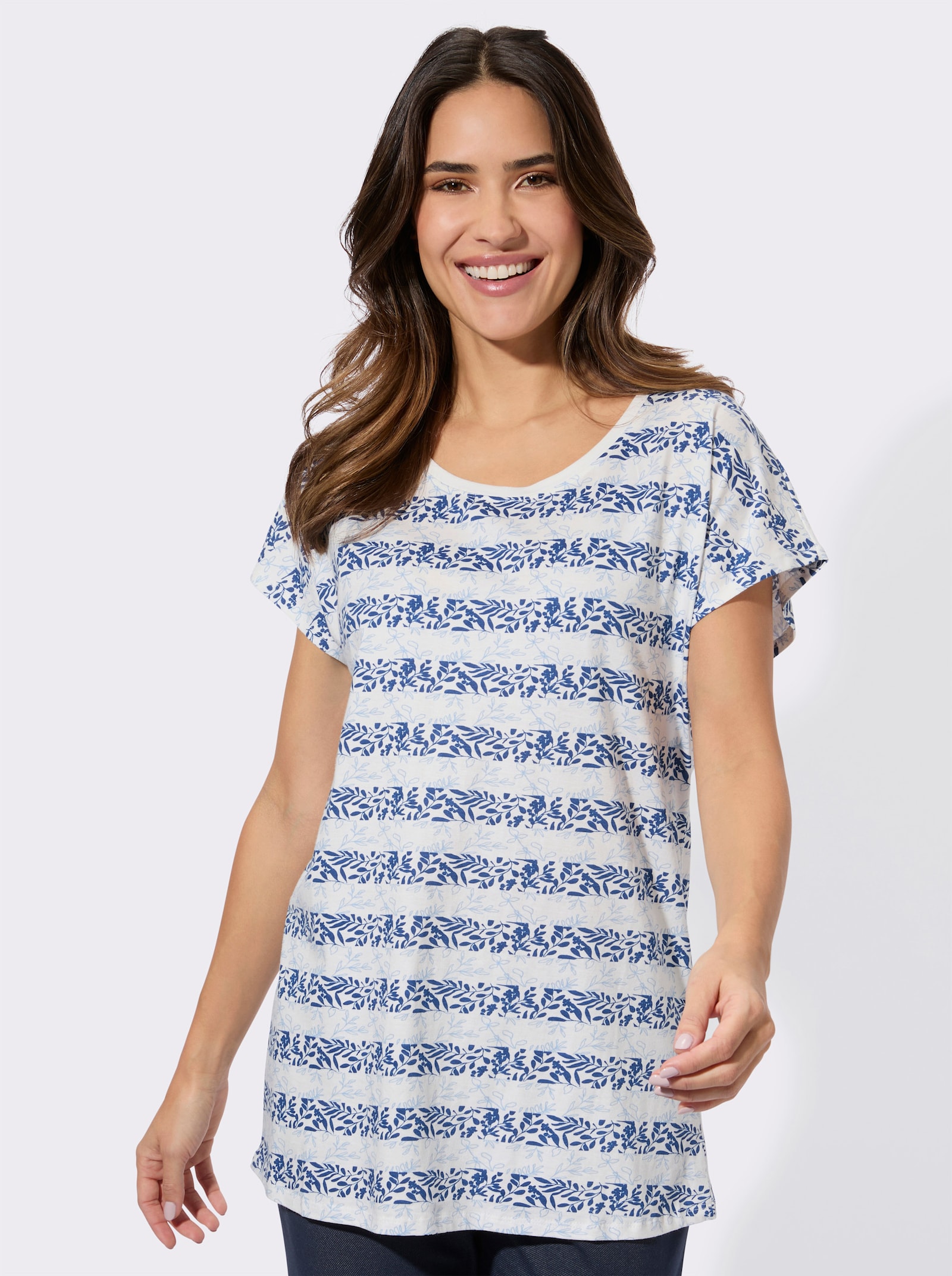 Kurzarmshirt mit floralem Streifendruck - ecru-royalblau-bedruckt