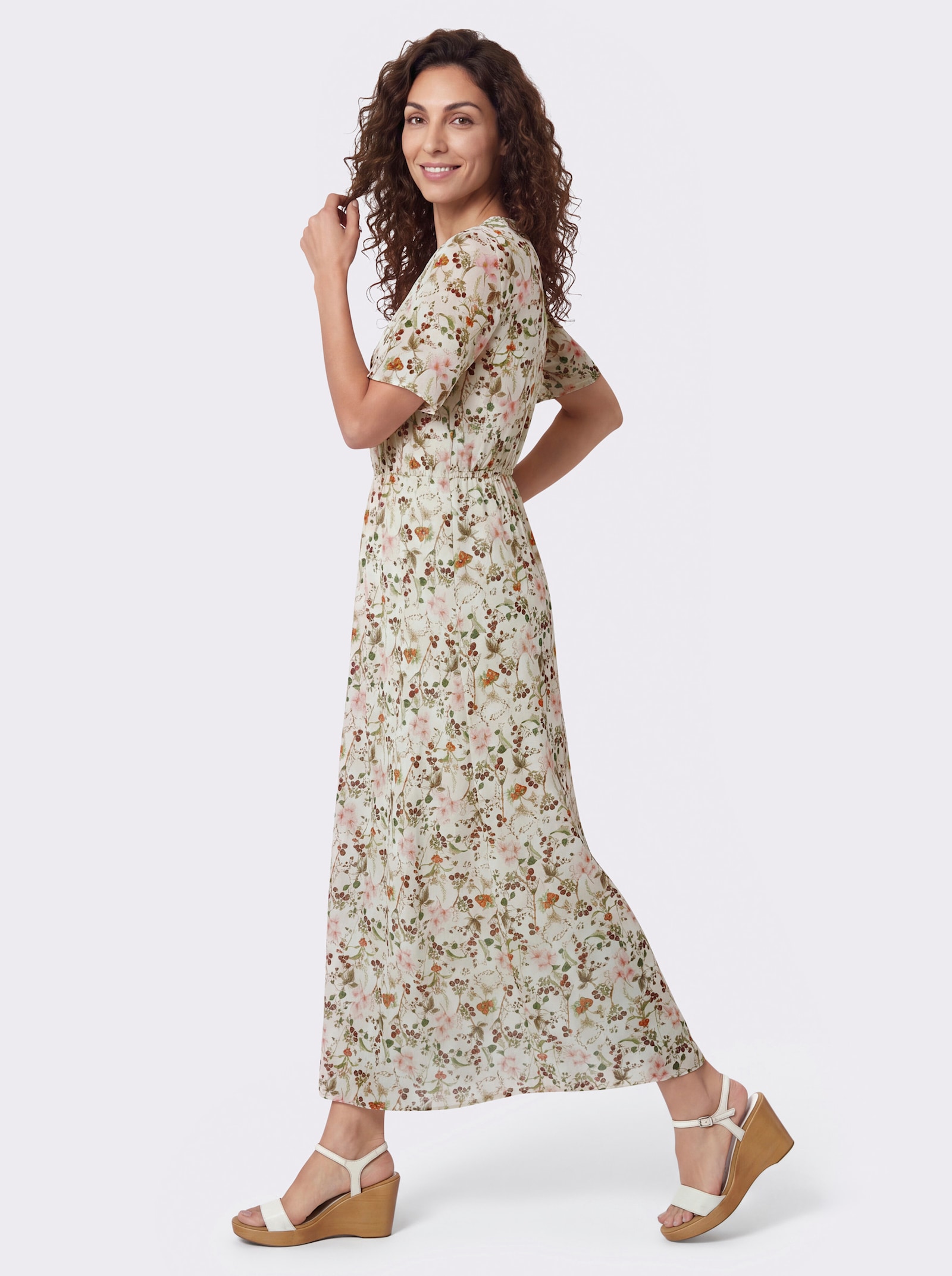 Druckkleid mit V-Ausschnitt - champagner-schilf-bedruckt
