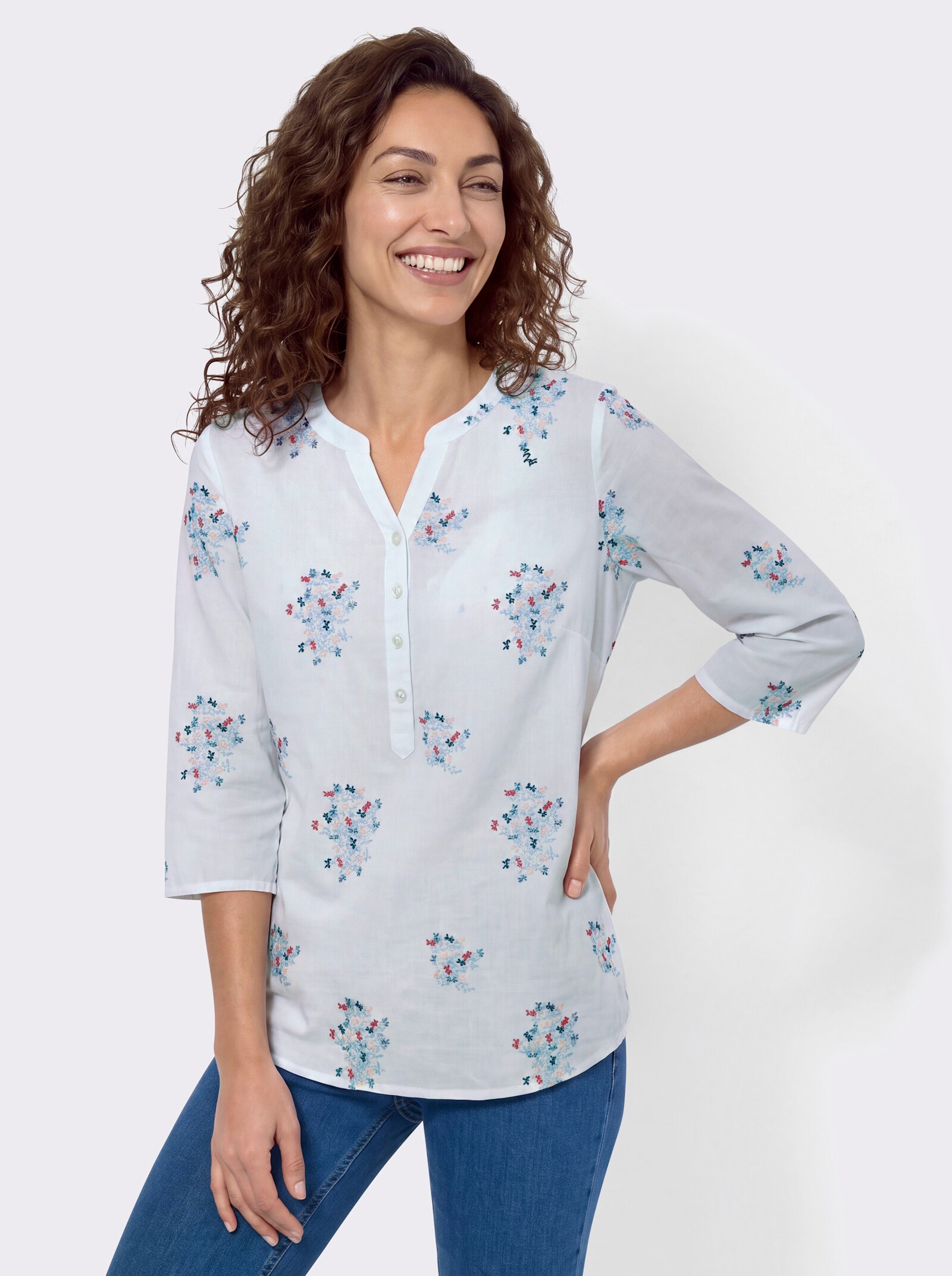 Baumwollbluse mit Brustabnähern - ecru-hellblau-gemustert