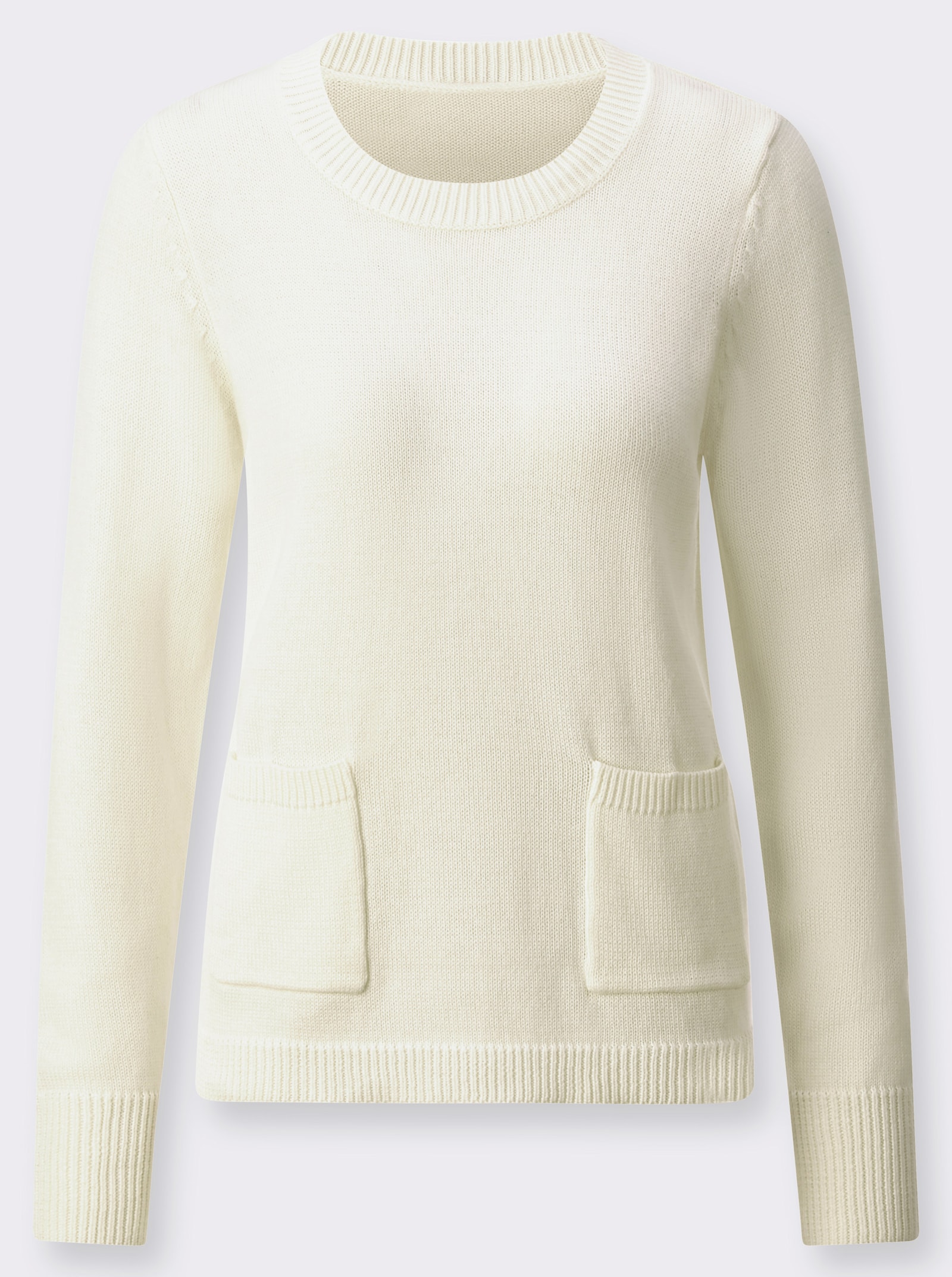 Rundhalspullover mit aufgesetzten Taschen - wollweiss