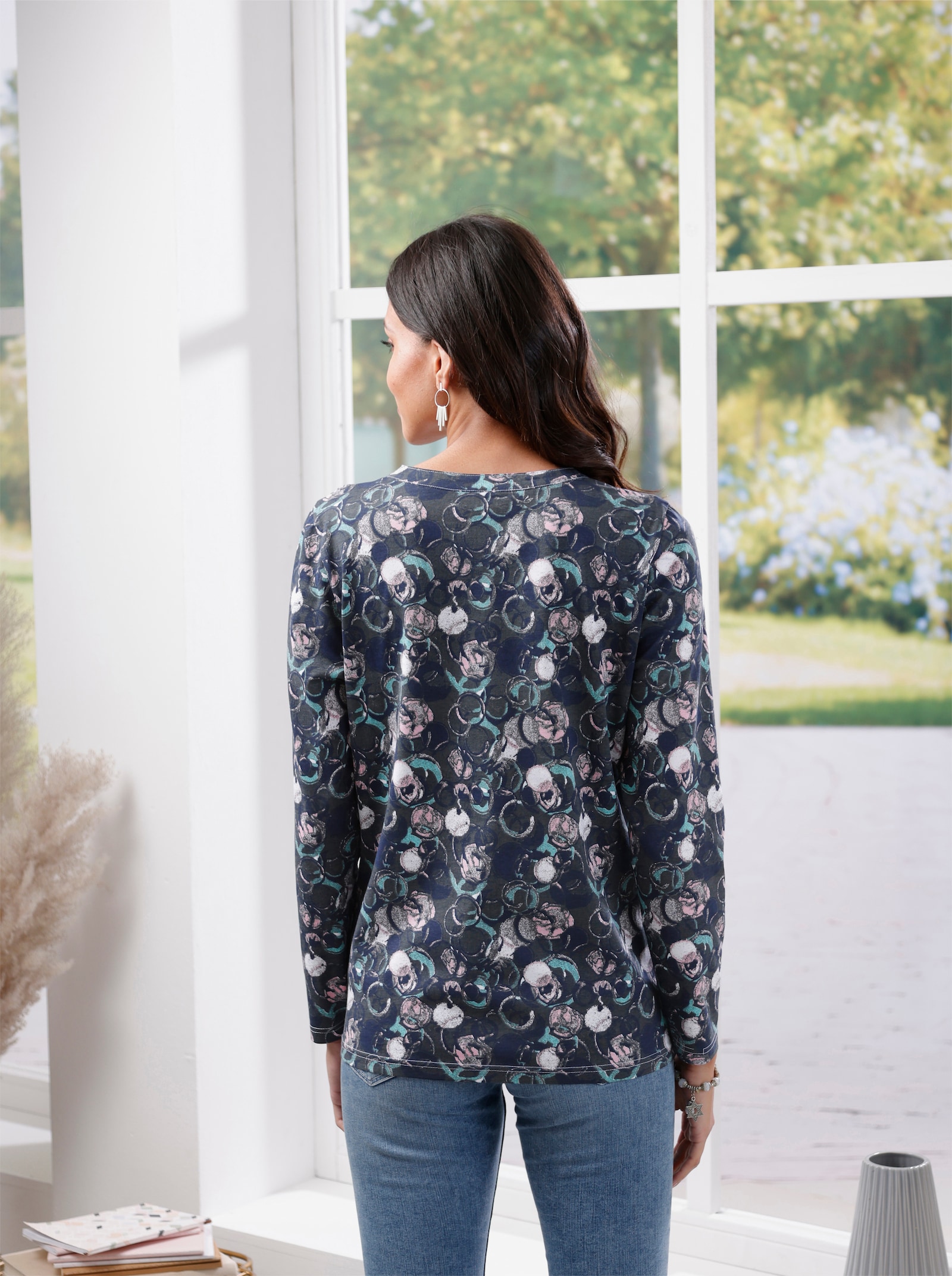 Tričko s dlouhým rukávem s kulatým výstřihem - antracitová-potisk