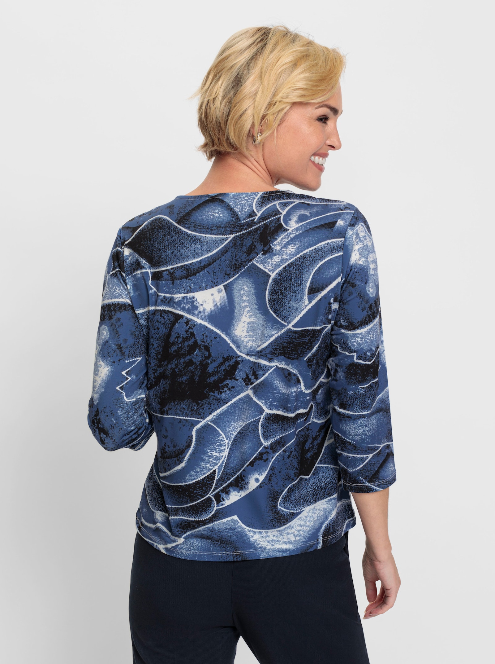 Shirt met ronde hals en grafisch patroon - jeansblauw/wit geprint
