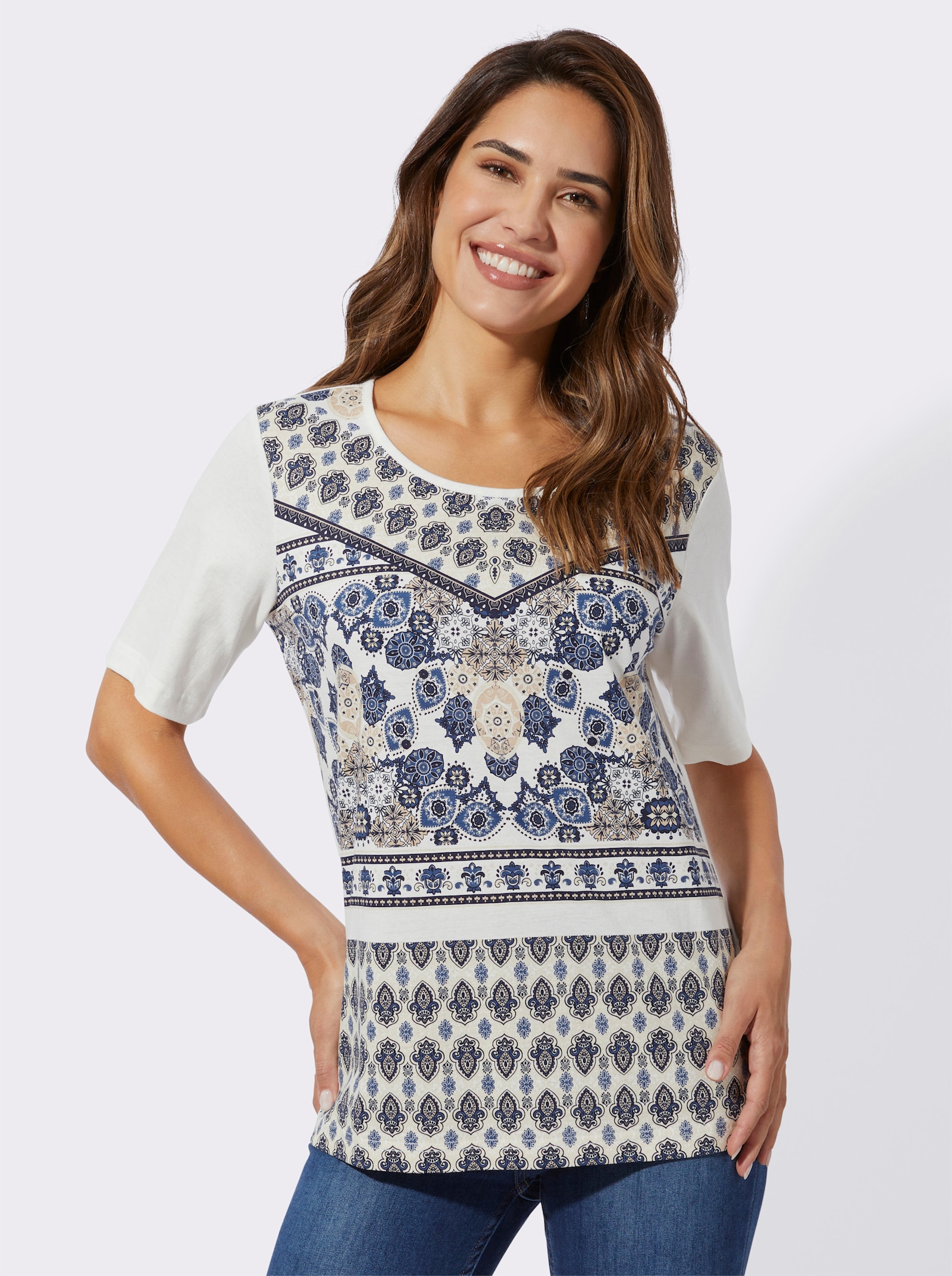 Shirt met korte mouwen en print voor - ecru/jeansblauw bedrukt