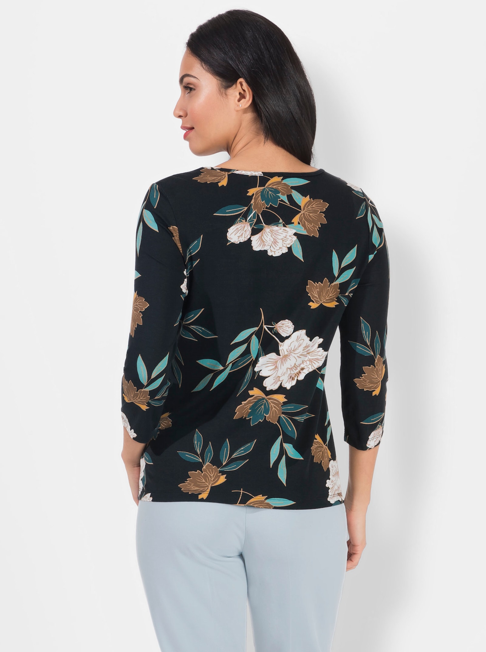 Print-Shirt mit floralem Muster - petrol-ocker-bedruckt