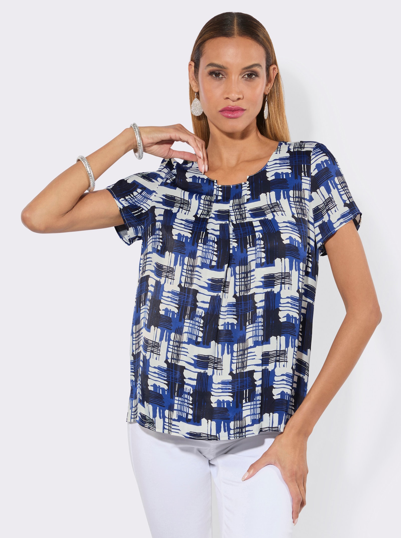 Druckbluse aus weich fließendem Satin - royalblau-ecru-bedruckt