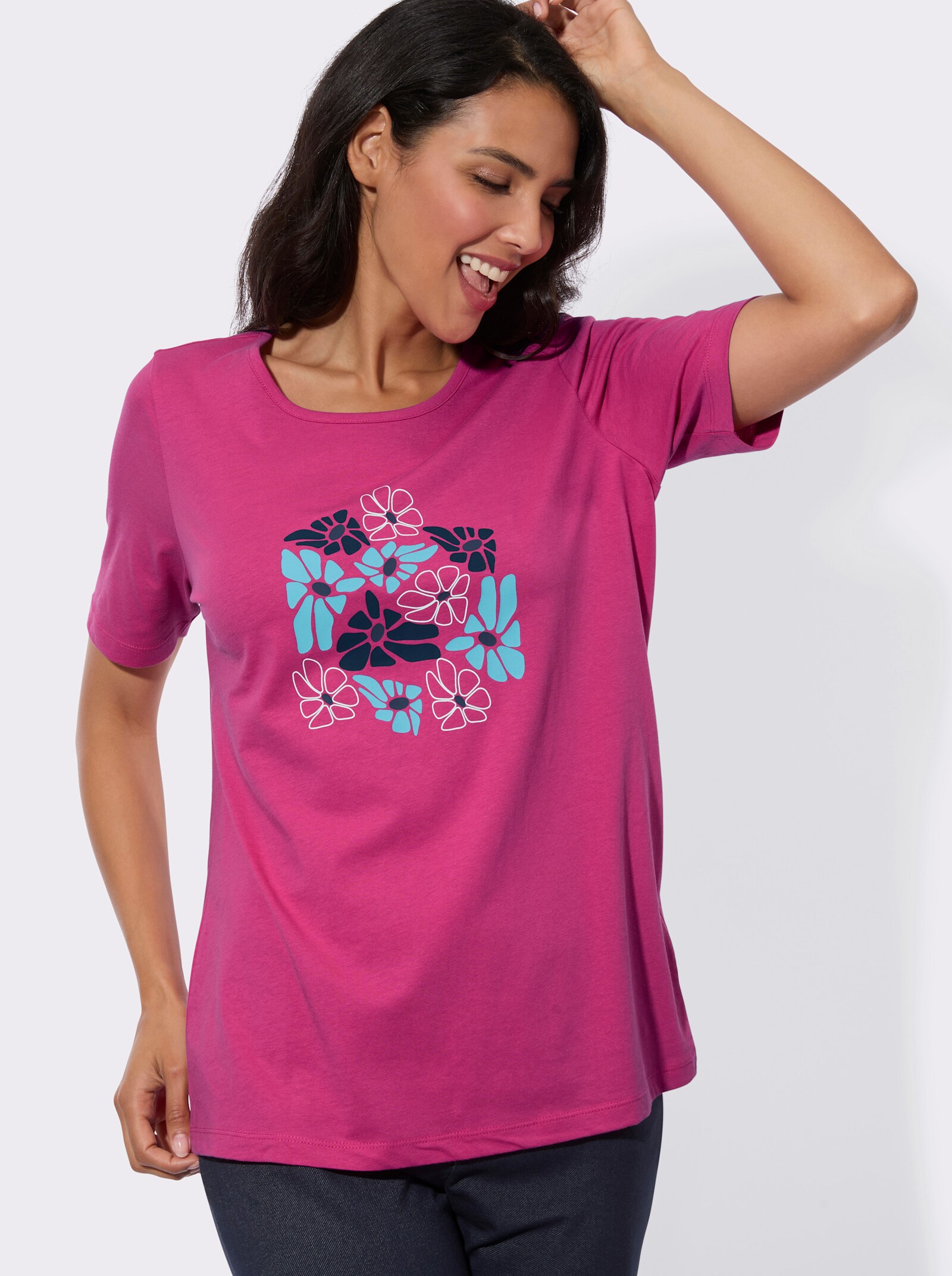 Kurzarmshirt mit platziertem Blumen-Print - fuchsia