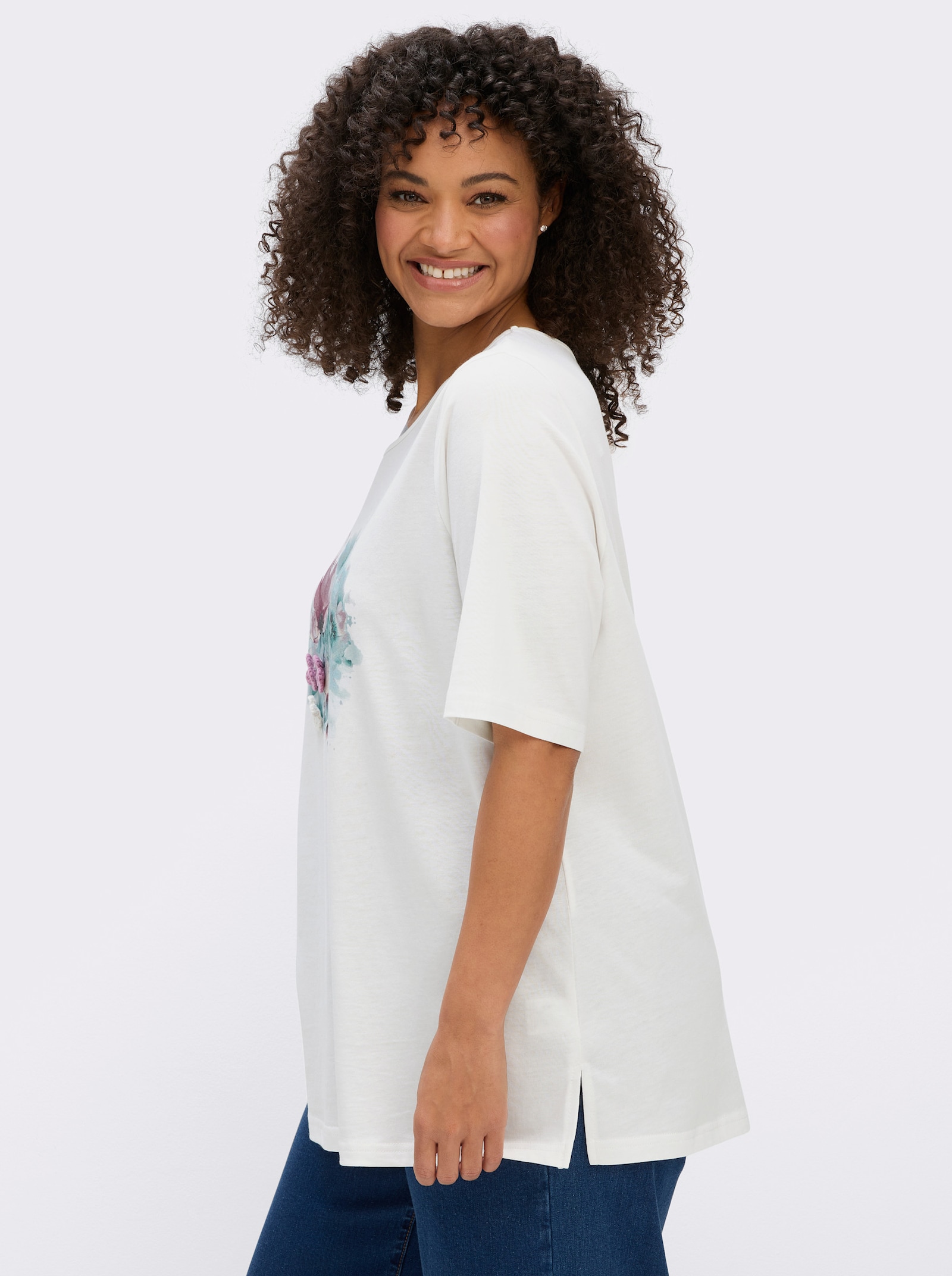 sheego Shirt mit aufgenähten Häkelblumen - ecru-eisblau-bedruckt