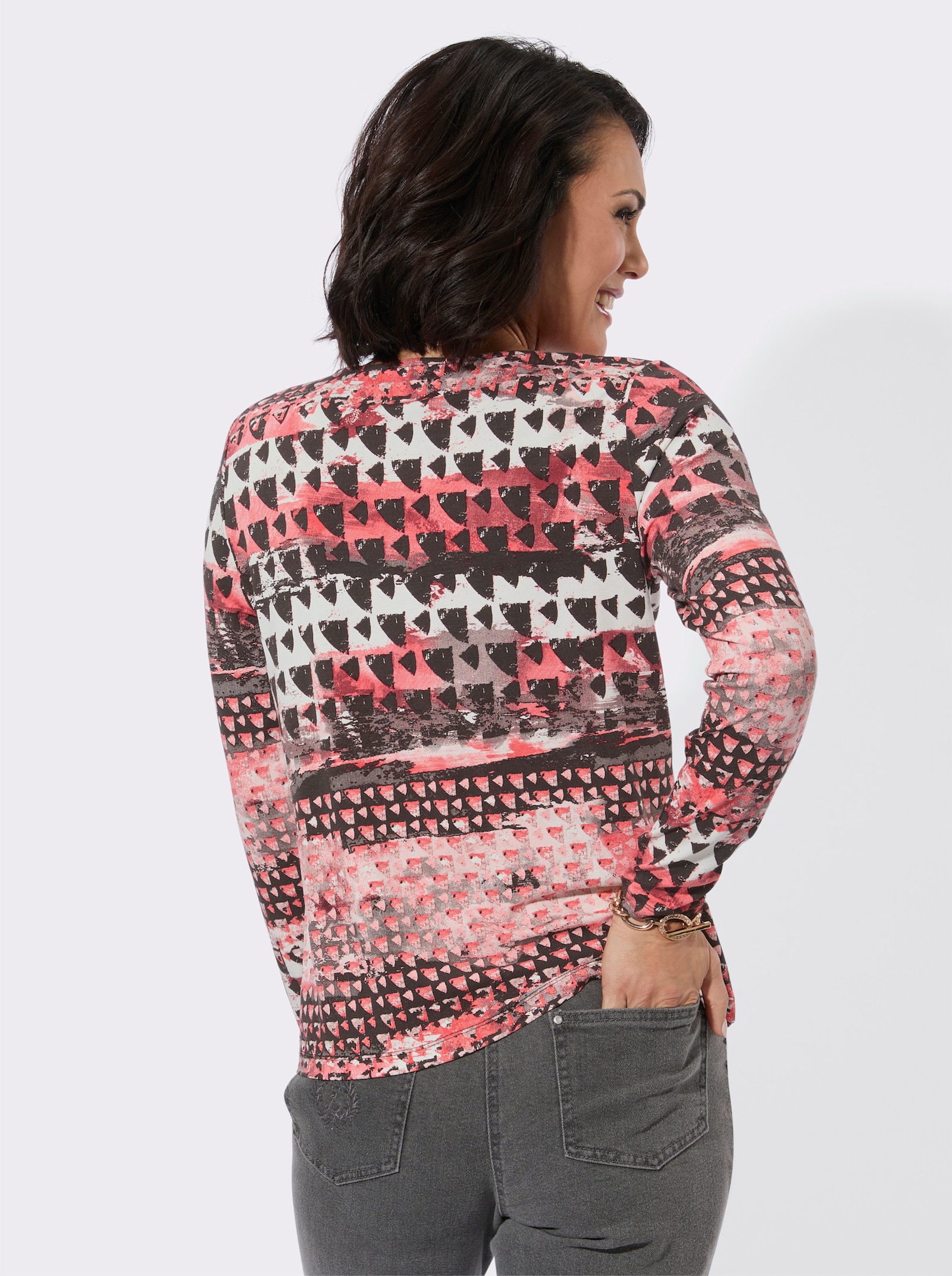 Rundhals-Shirt - koralle-ecru-bedruckt