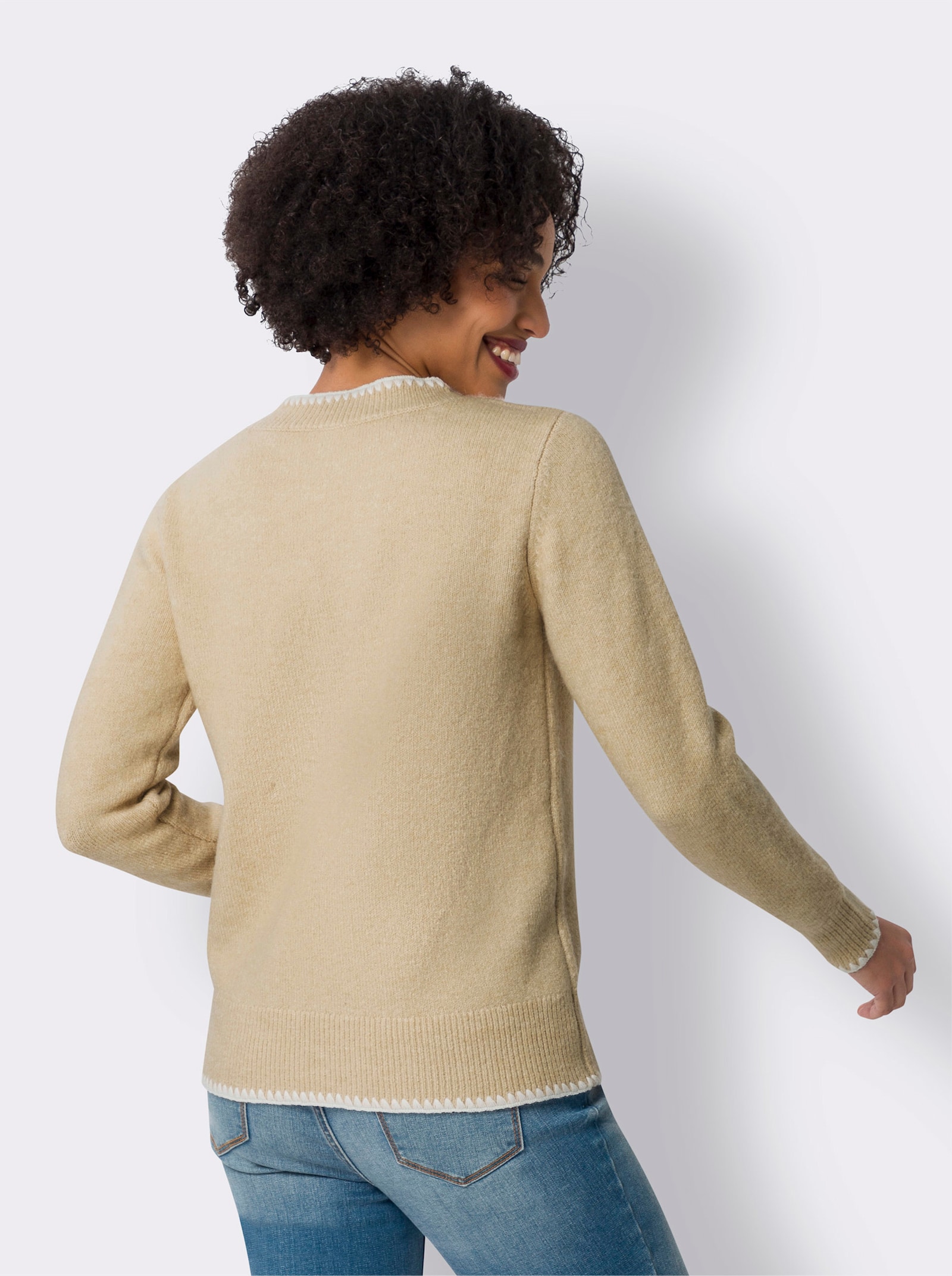 heine Langarm-Pullover mit Kontrast-Abschlüssen - beige-meliert