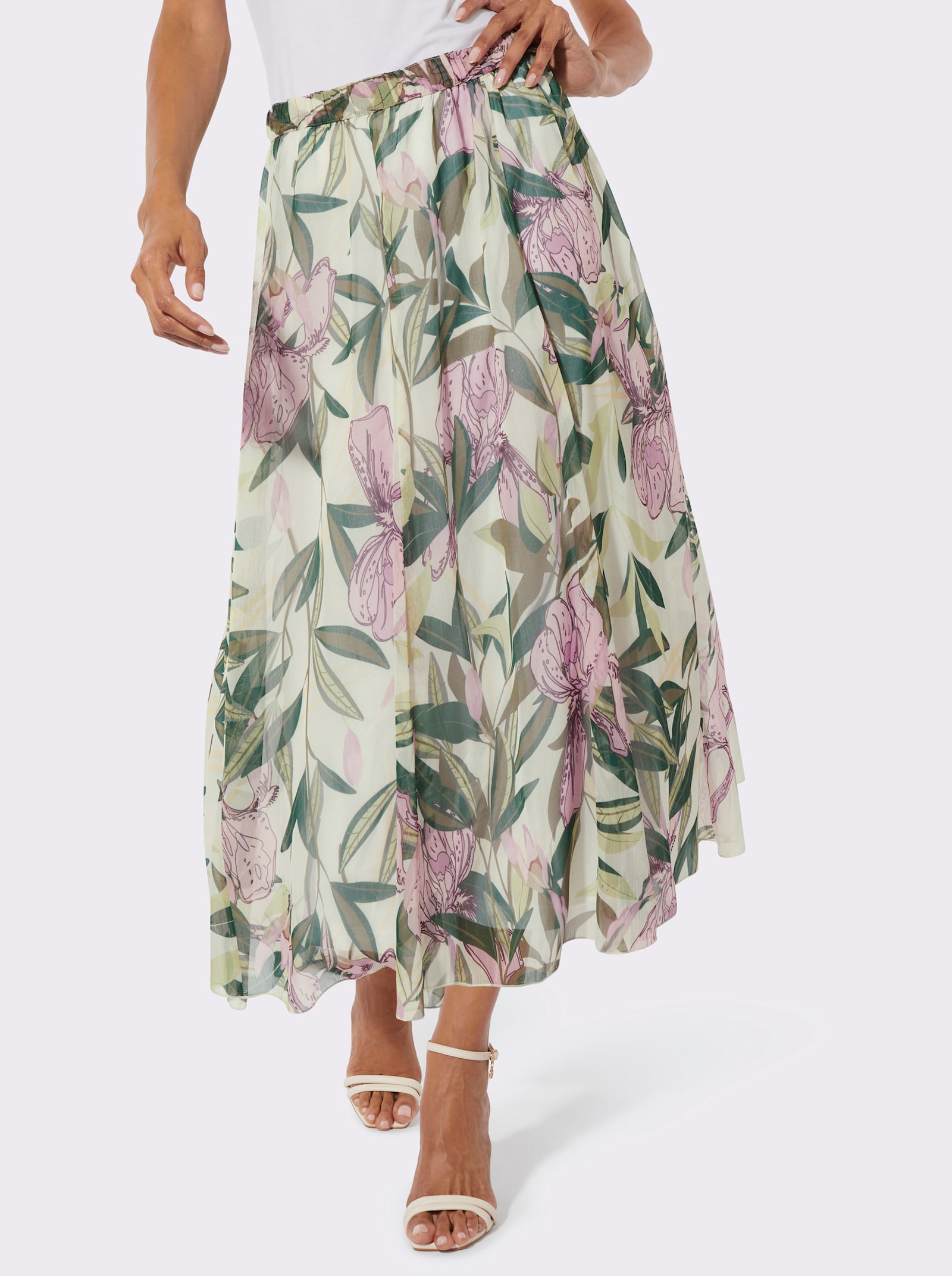 Bahnenrock mit Viskose-Futter - ecru-orchidee-bedruckt