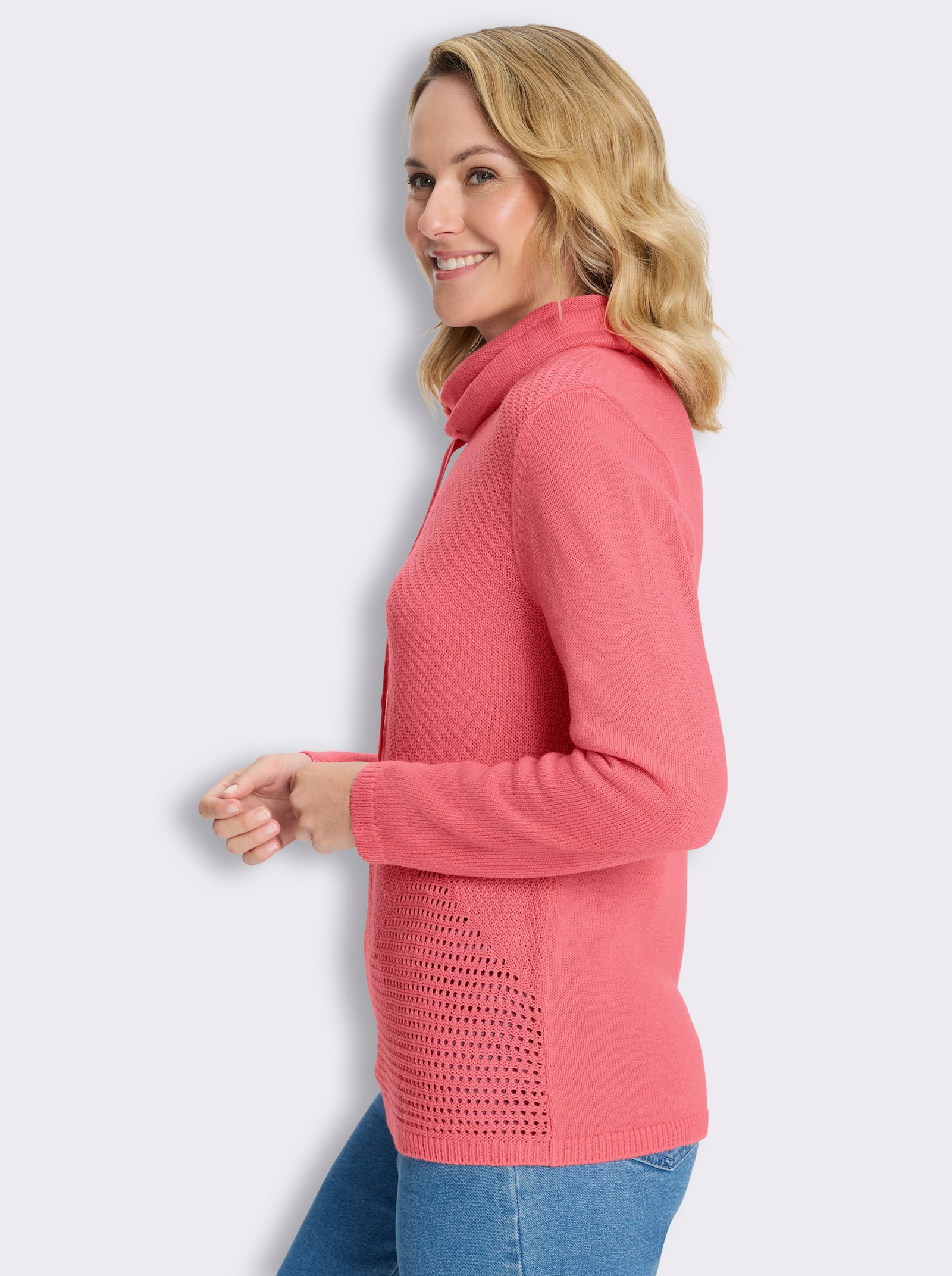 Stehkragenpullover mit Strickmuster im Vorderteil - flamingo