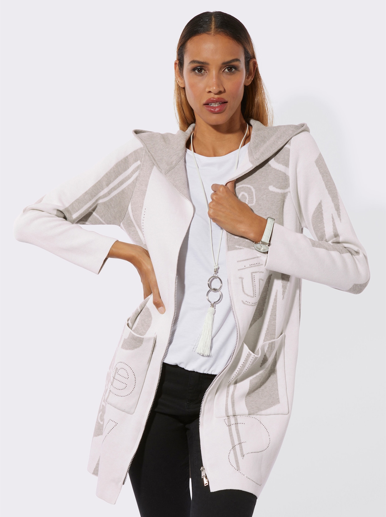 Longstrickjacke - ecru-hellgrau-gemustert