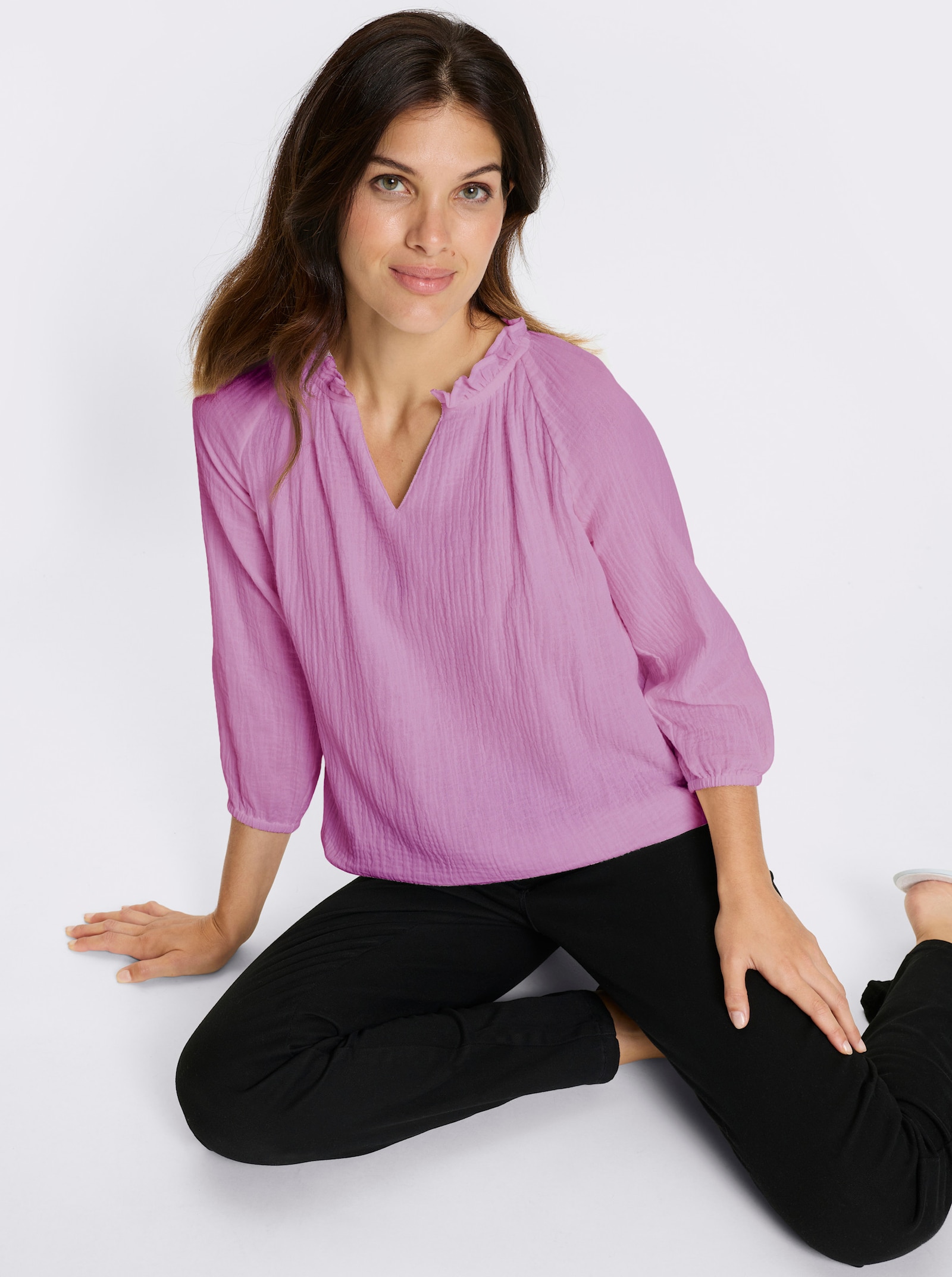 Schlupf-Bluse mit Rüschen am Ausschnitt - orchidee