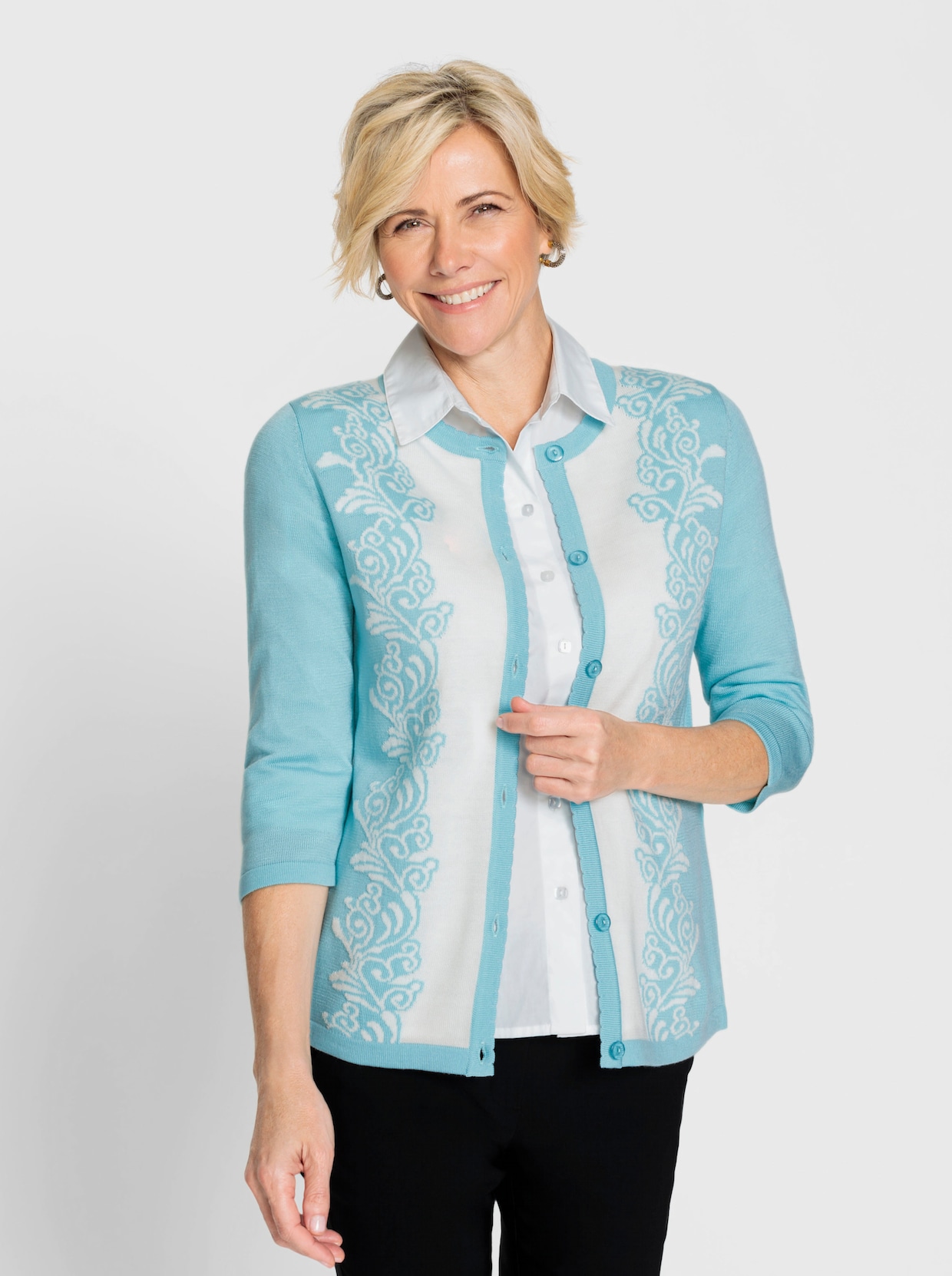 Jacquardvest - aquamarine/ecru gedessineerd