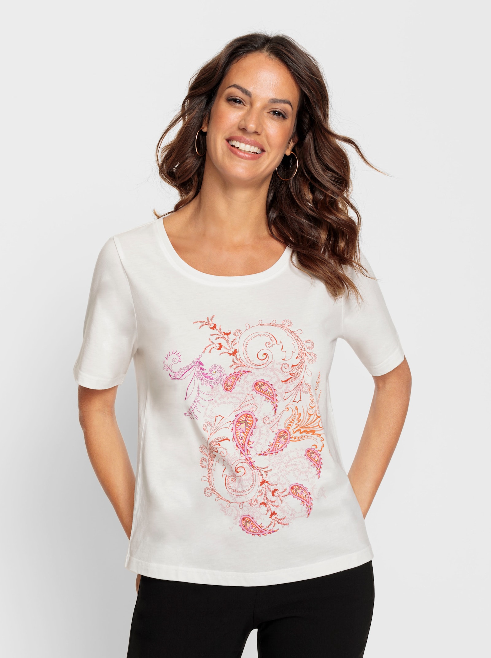 Kurzarmshirt mit Paisley-Elementen - ecru-bedruckt