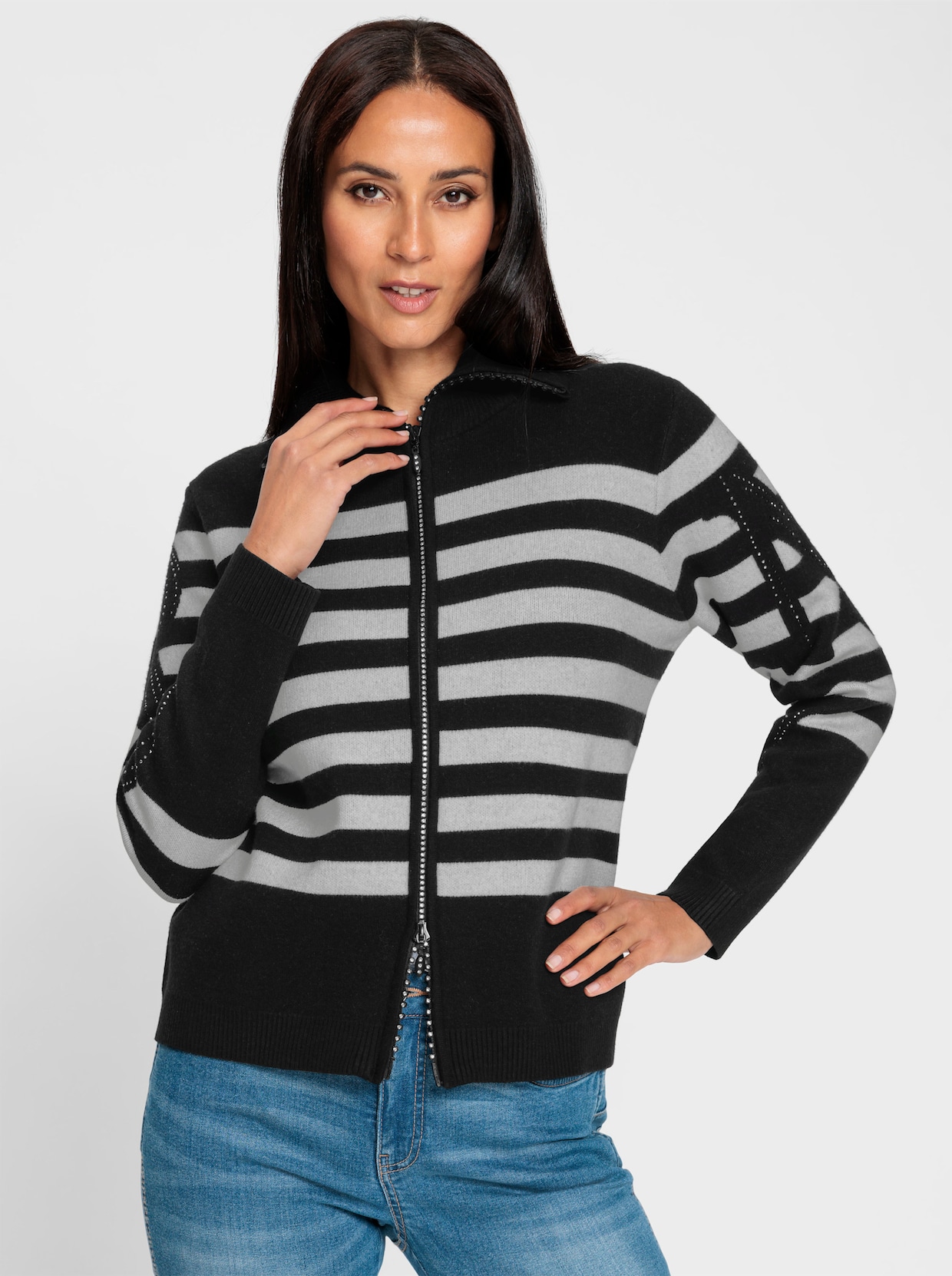 heine Strickjacke - schwarz-ecru-geringelt