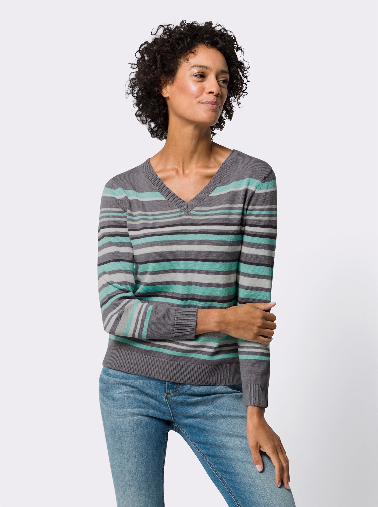 Pullover met V-hals - grijs/mint gestreept