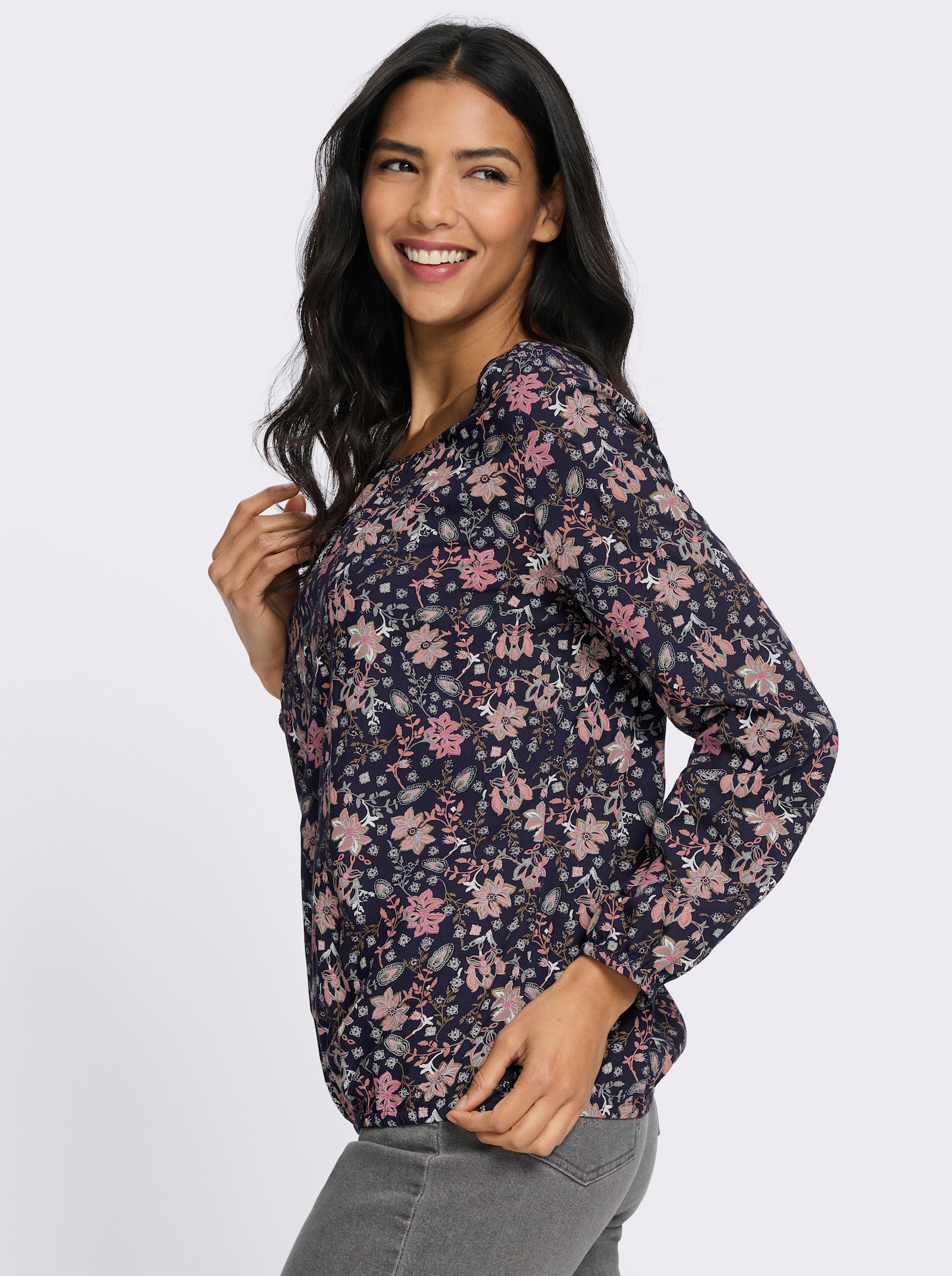 Schlupfbluse mit Raffung am Ausschnitt - marine-rosenquarz-bedruckt