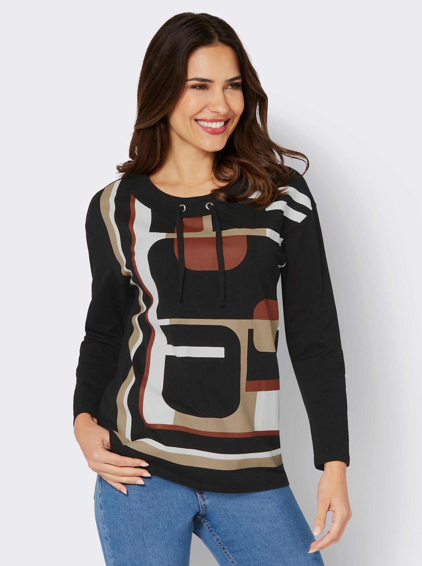 Shirt met lange mouwen en grafische print - zwart/camel bedrukt