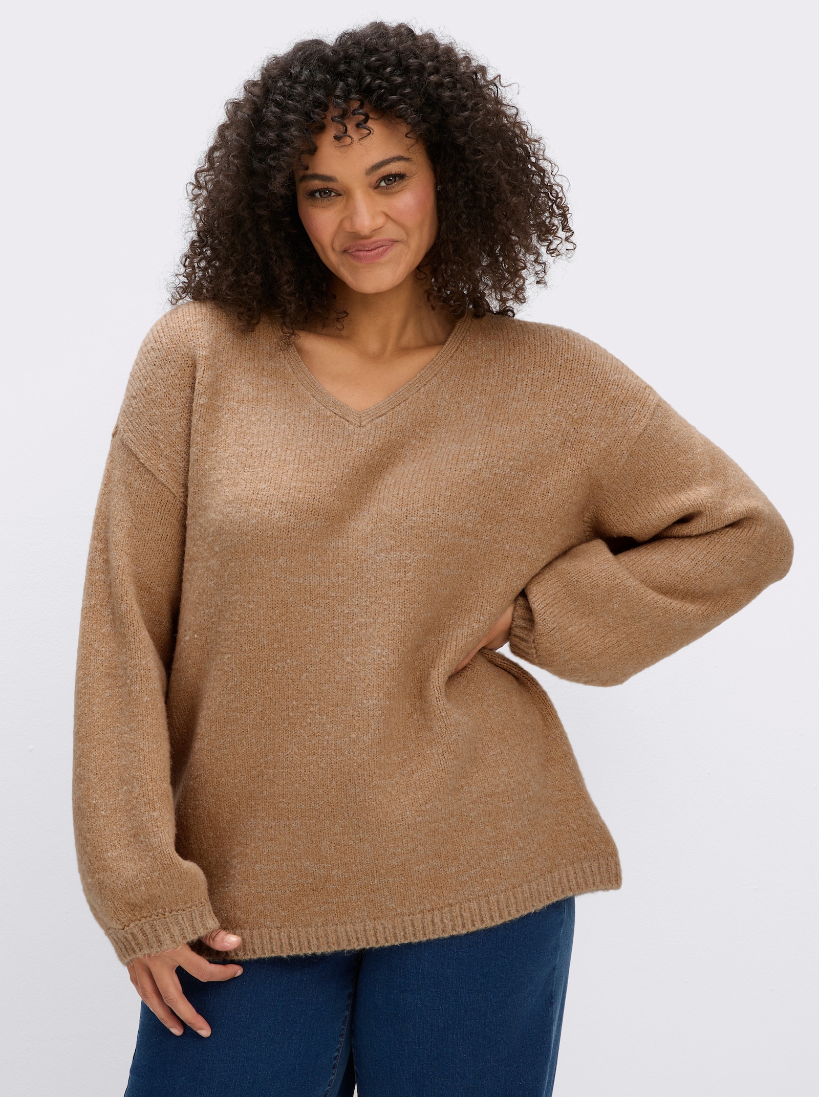 sheego V-Ausschnitt-Pullover mit Ballonärmeln - camel-meliert