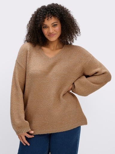 sheego V-Ausschnitt-Pullover mit Ballonärmeln - camel-meliert