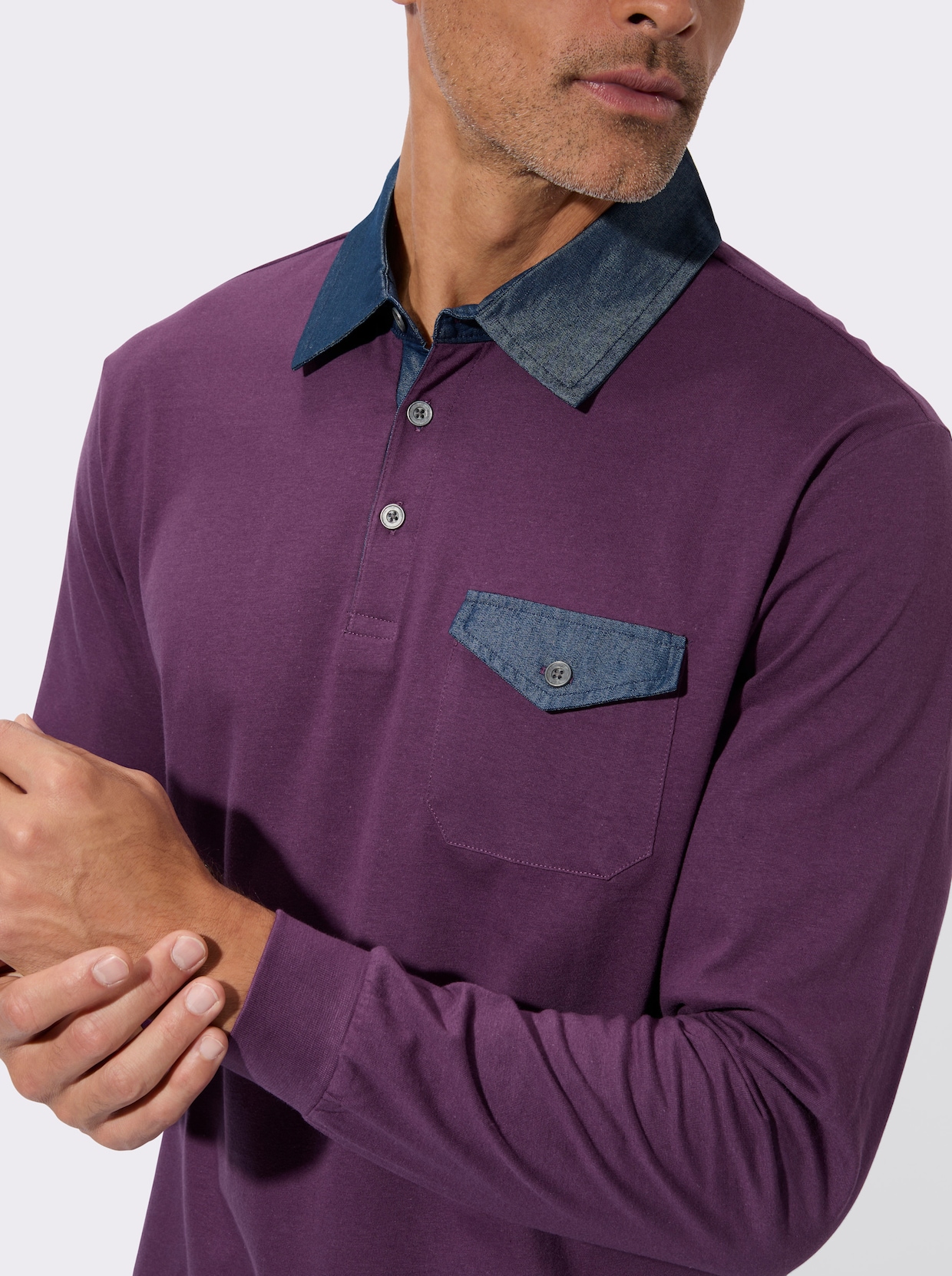 Langarm-Poloshirt mit gewebten Details - traube