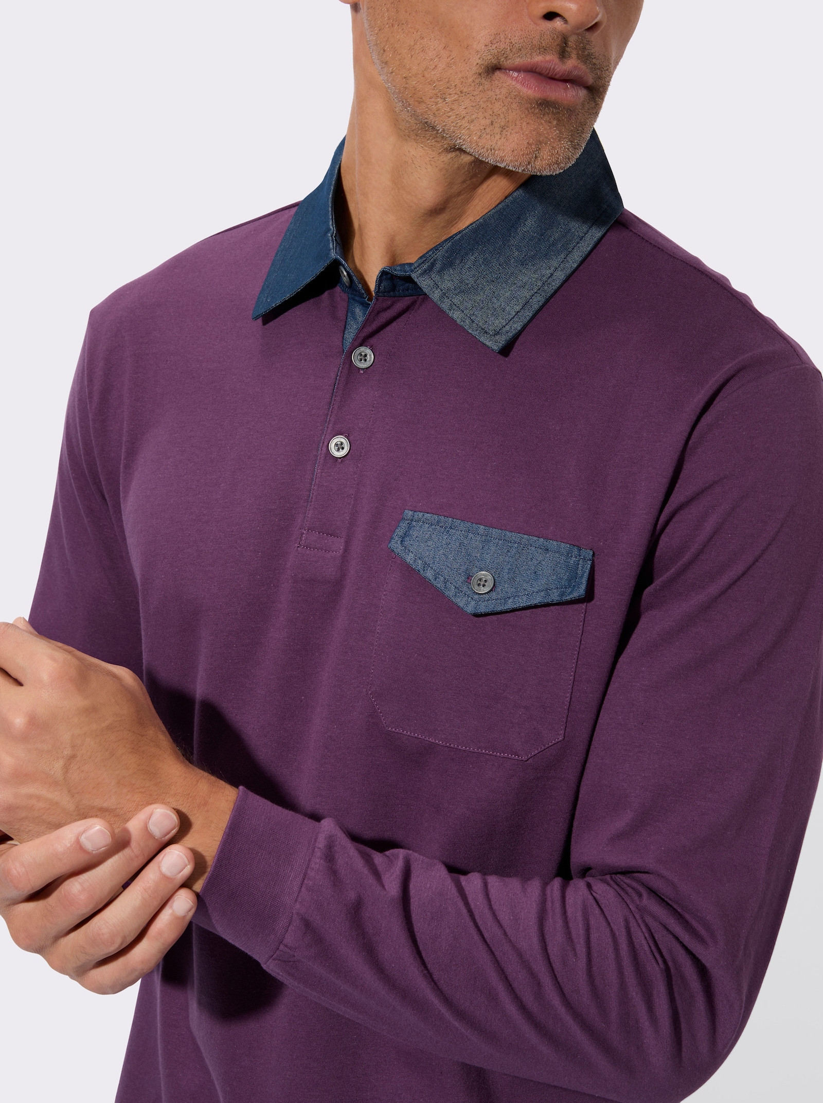 Langarm-Poloshirt mit gewebten Details - traube