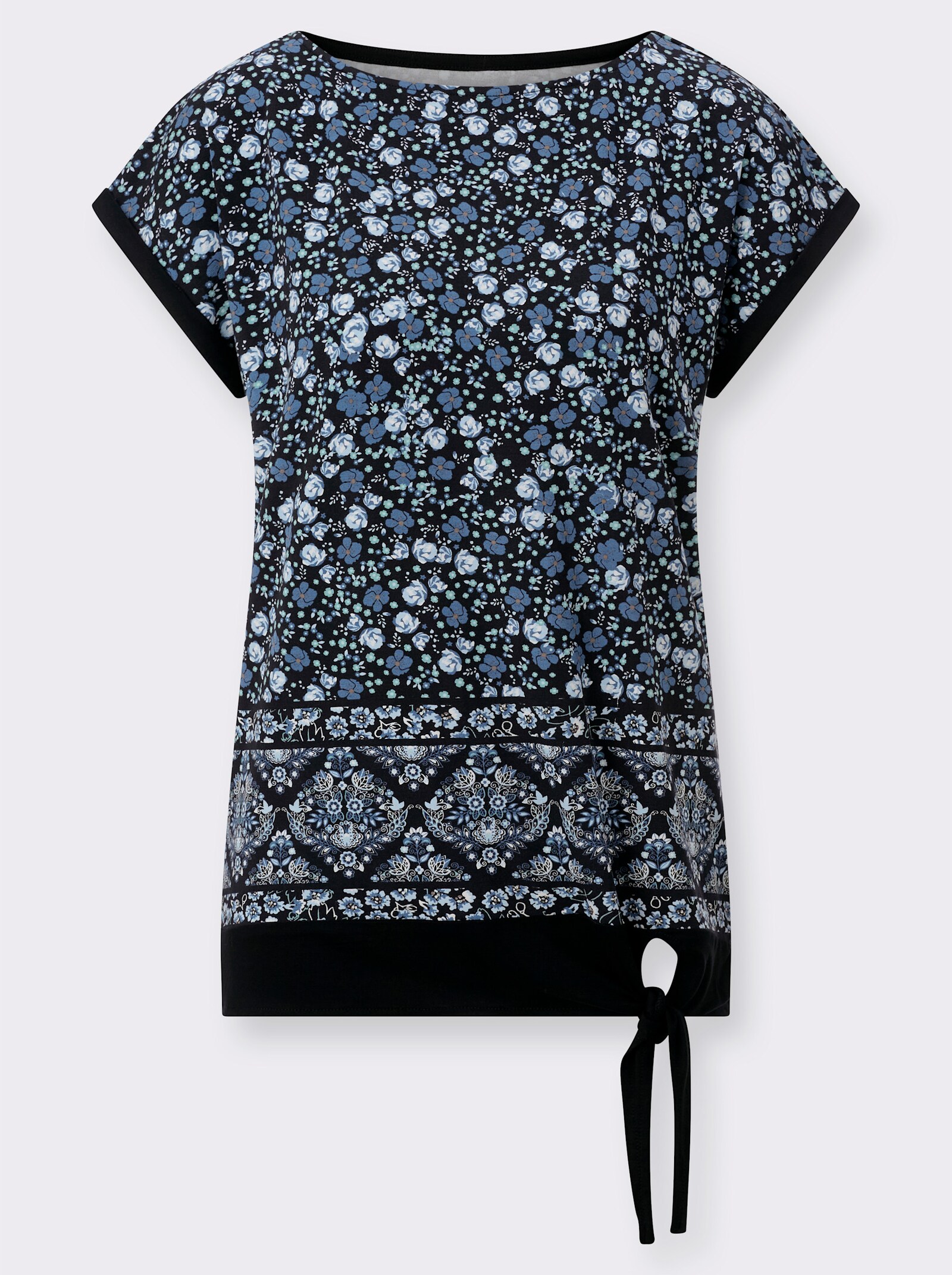 Kurzarmshirt mit Bindeband am Saum - jeansblau-schwarz-bedruckt
