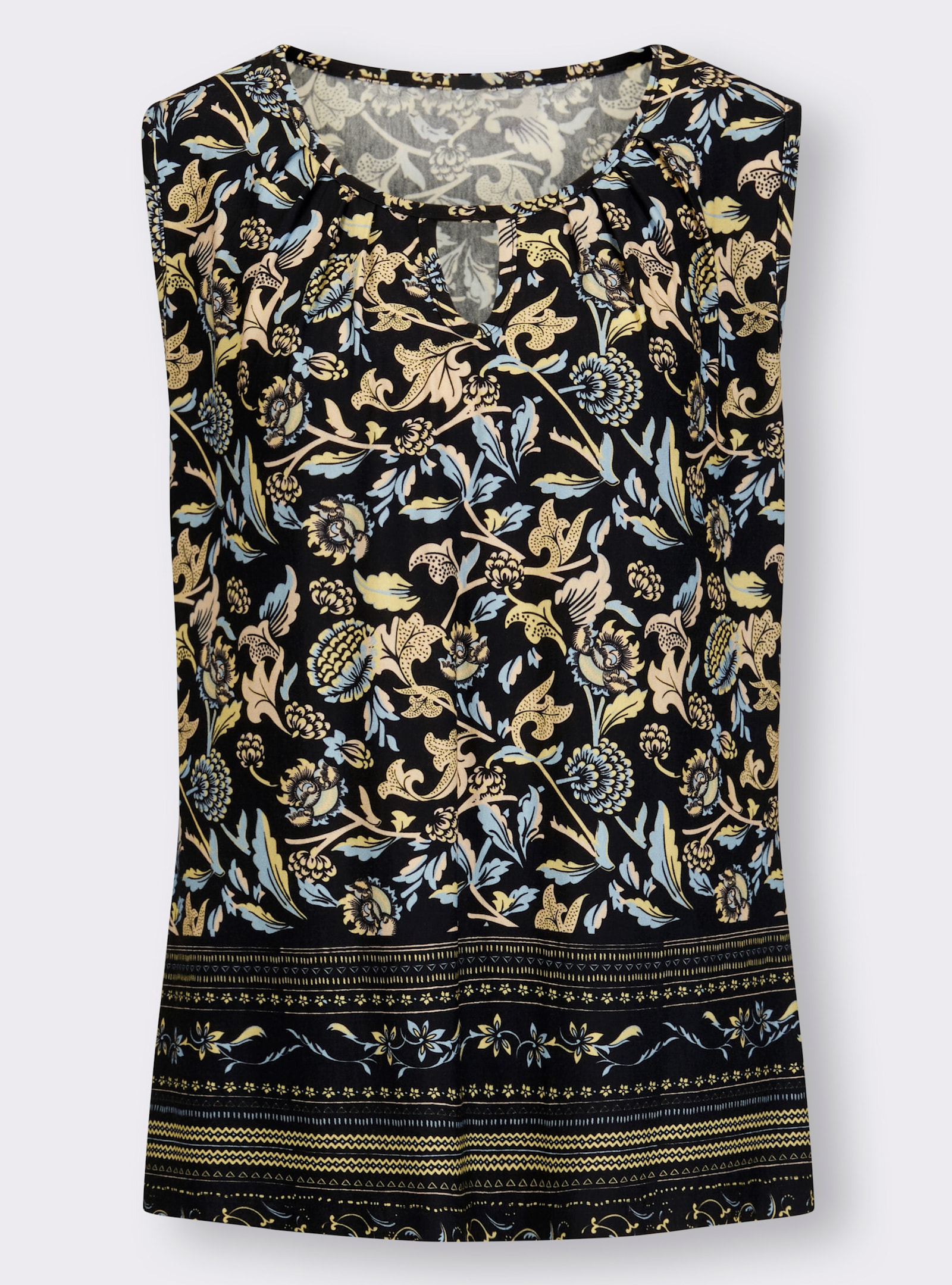 heine Shirttop met sierrand - zwart/citroen bedrukt