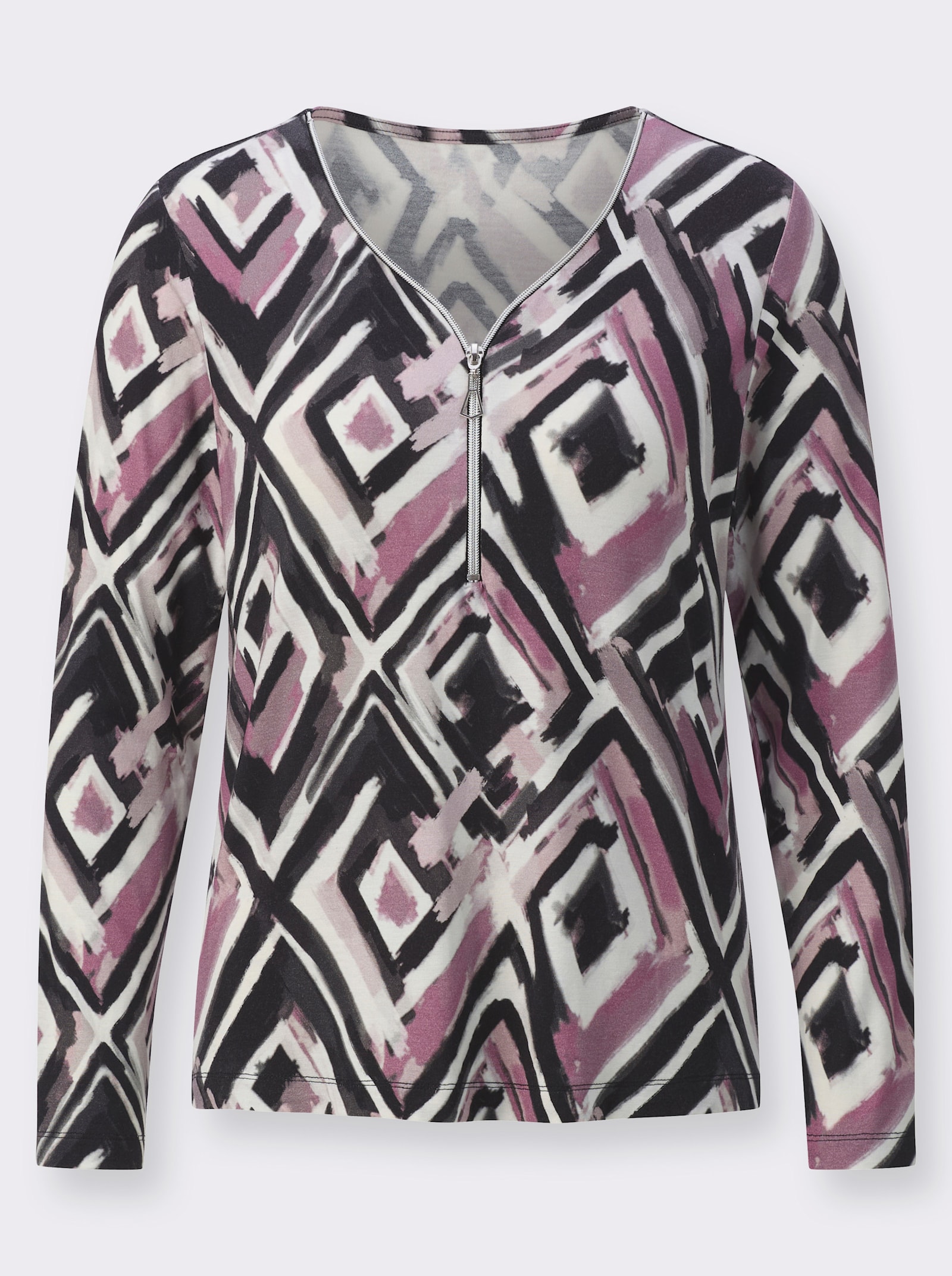 Langarmshirt mit Reißverschluss - ecru-graphit-bedruckt