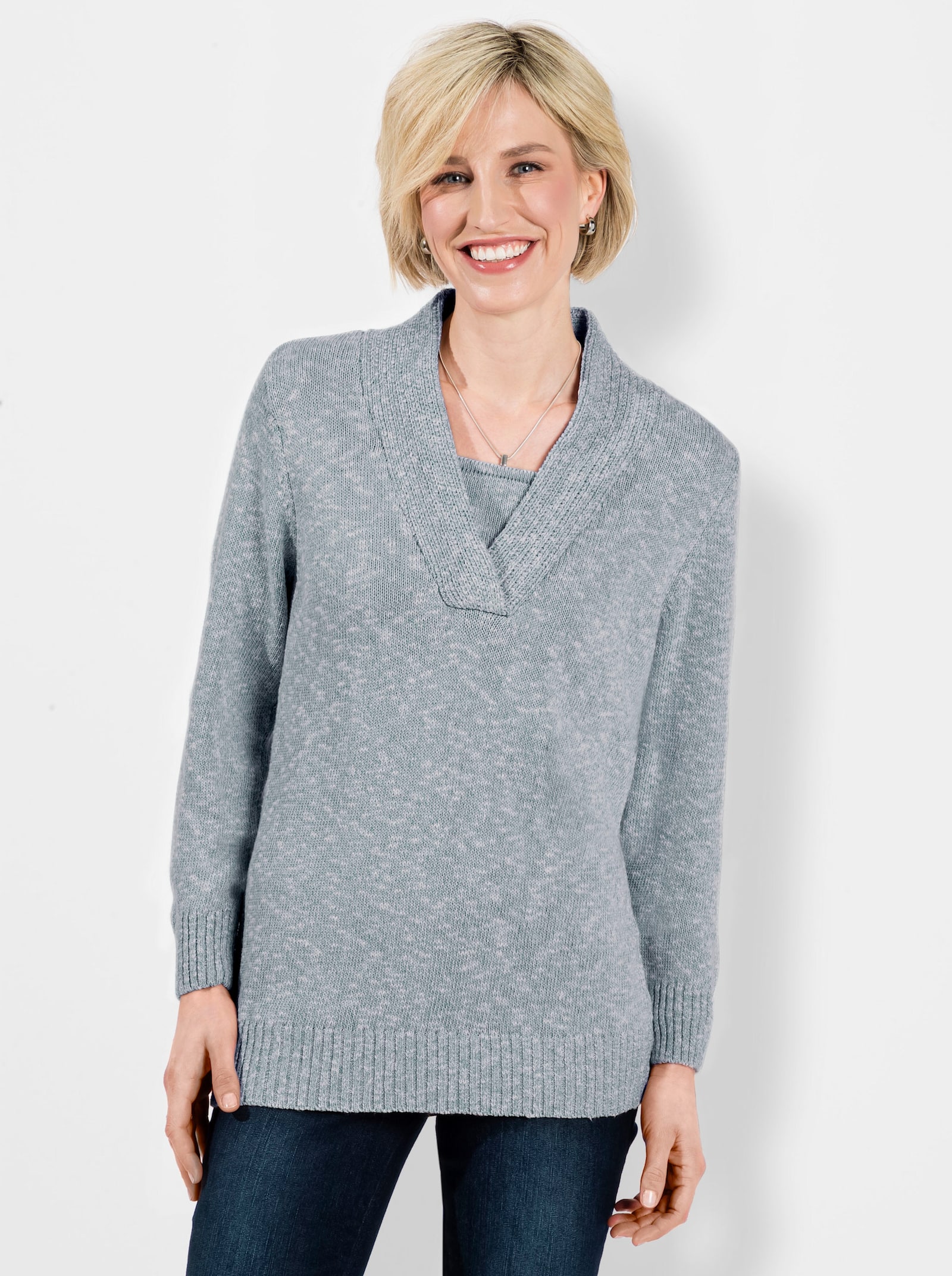 V-Ausschnitt-Pullover in 2-in-1-Optik - bleu-meliert