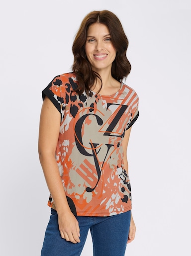 Kurzarmshirt mit bedrucktem Vorderteil - orange-schwarz-bedruckt